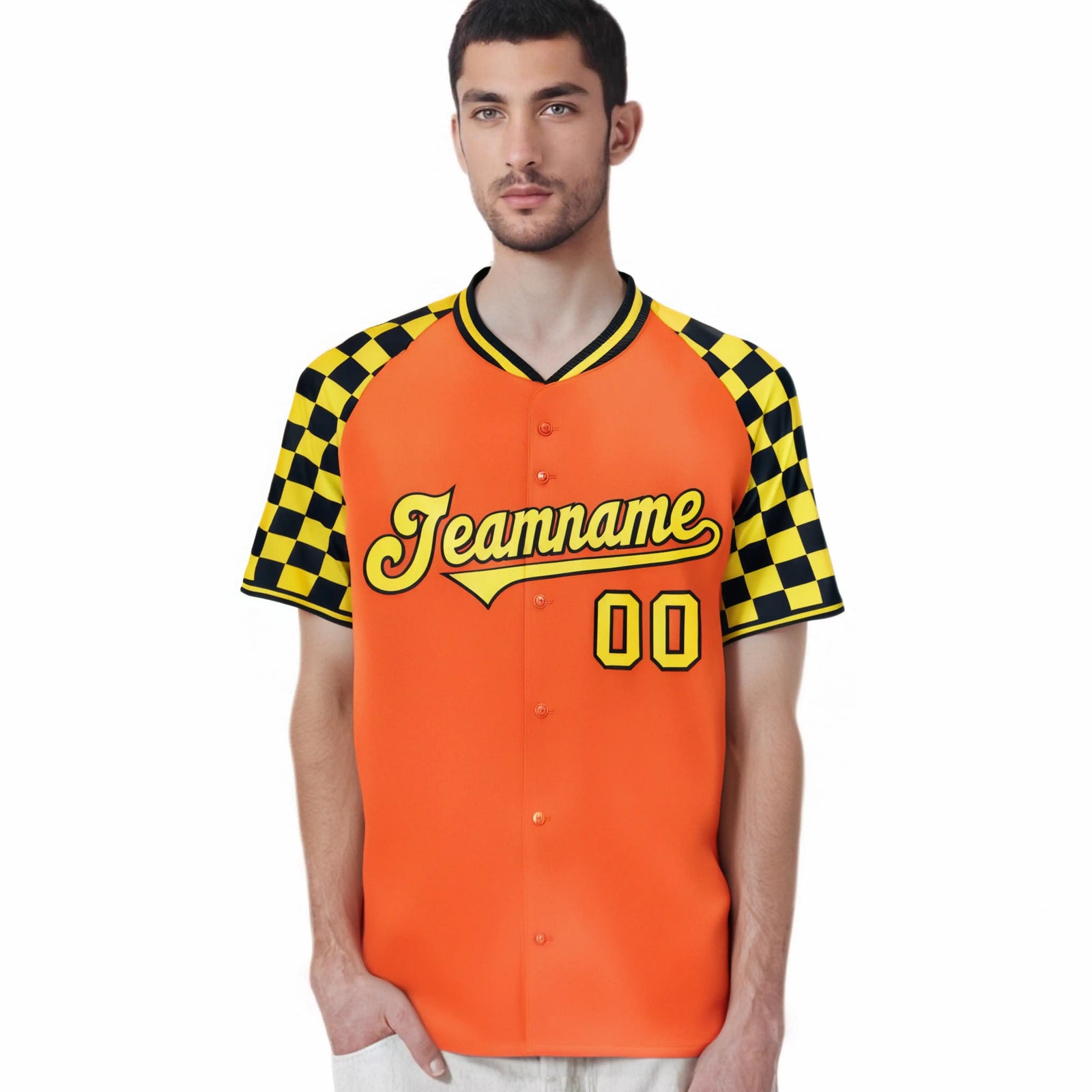 Custom Orange Gold-Black Authentic Plaid Sleeve Baseball Jersey
