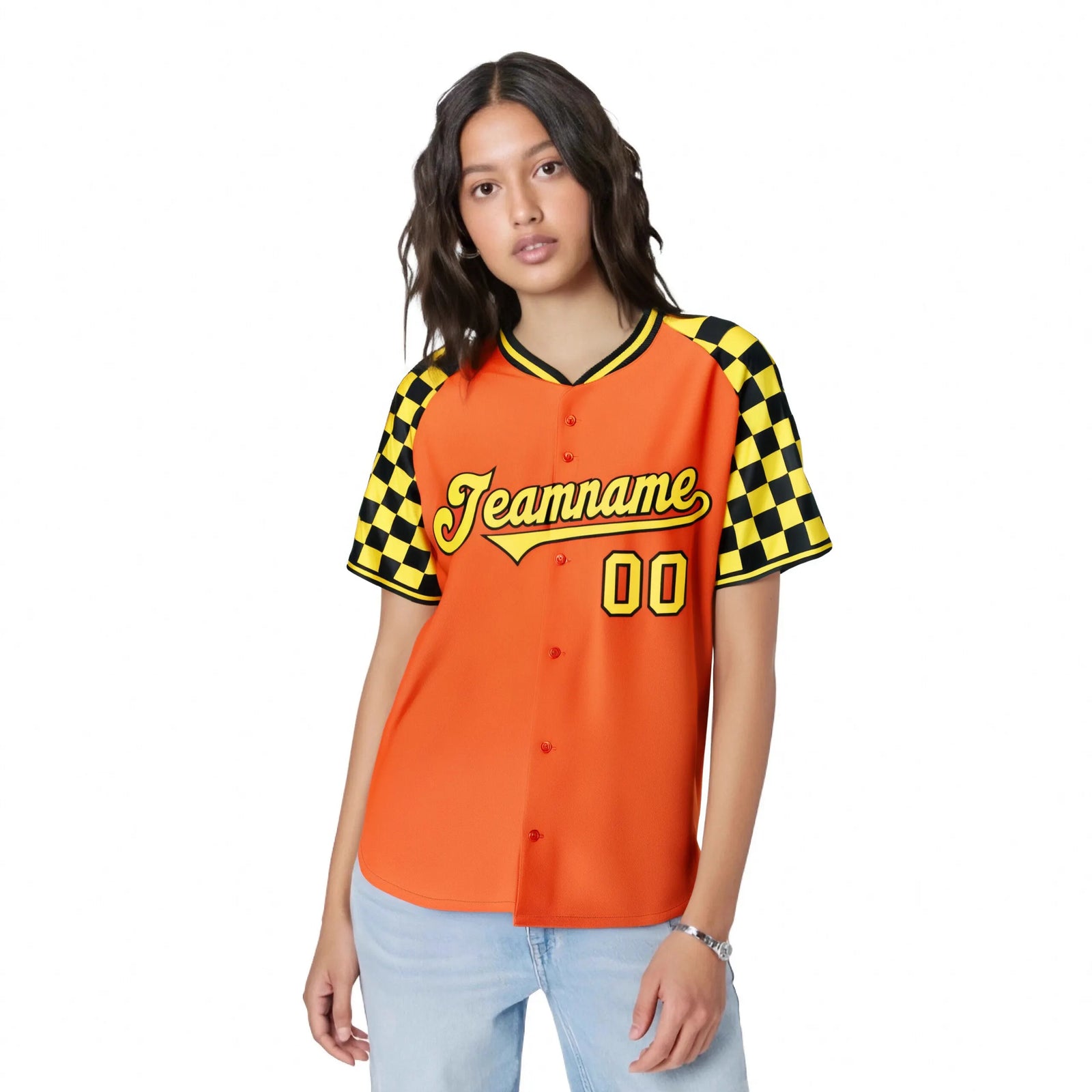 Custom Orange Gold-Black Authentic Plaid Sleeve Baseball Jersey