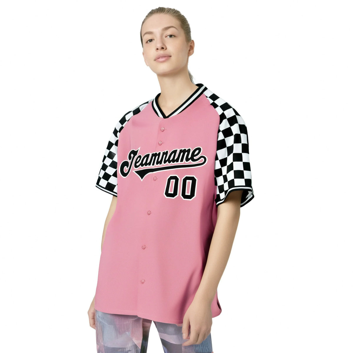 Custom Light Pink Black-White Authentic Plaid Sleeve Baseball Jersey