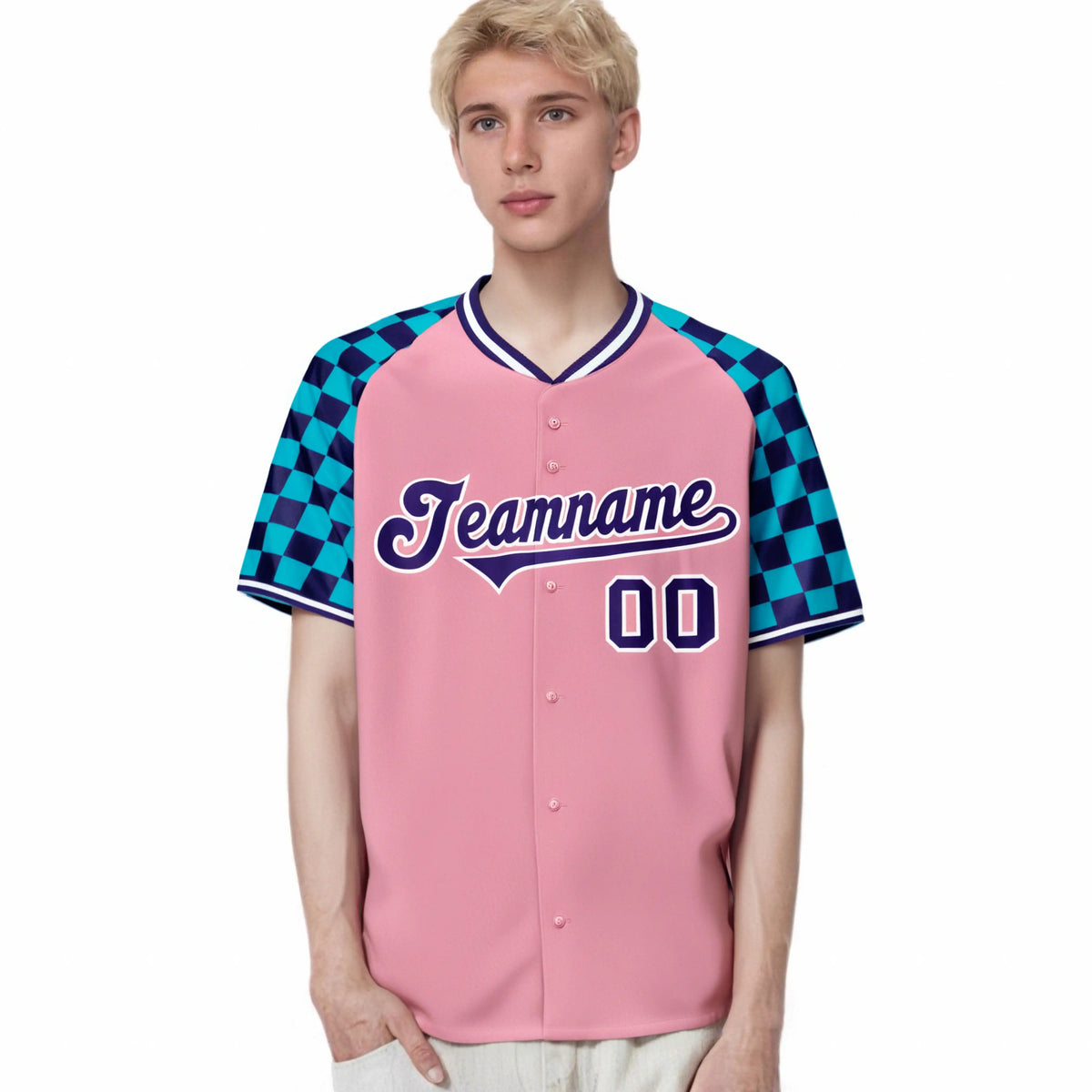 Custom Light Pink Purple-Sky Blue Authentic Plaid Sleeve Baseball Jersey