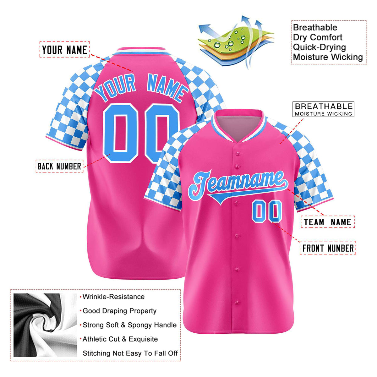 Custom Pink Powder Blue-White Authentic Plaid Sleeve Baseball Jersey