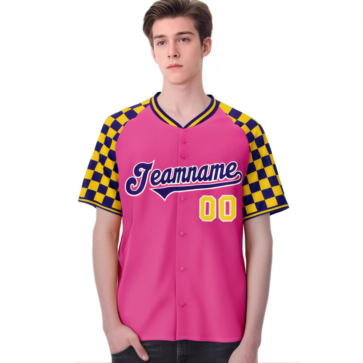 Custom Pink Purple-Gold Authentic Plaid Sleeve Baseball Jersey