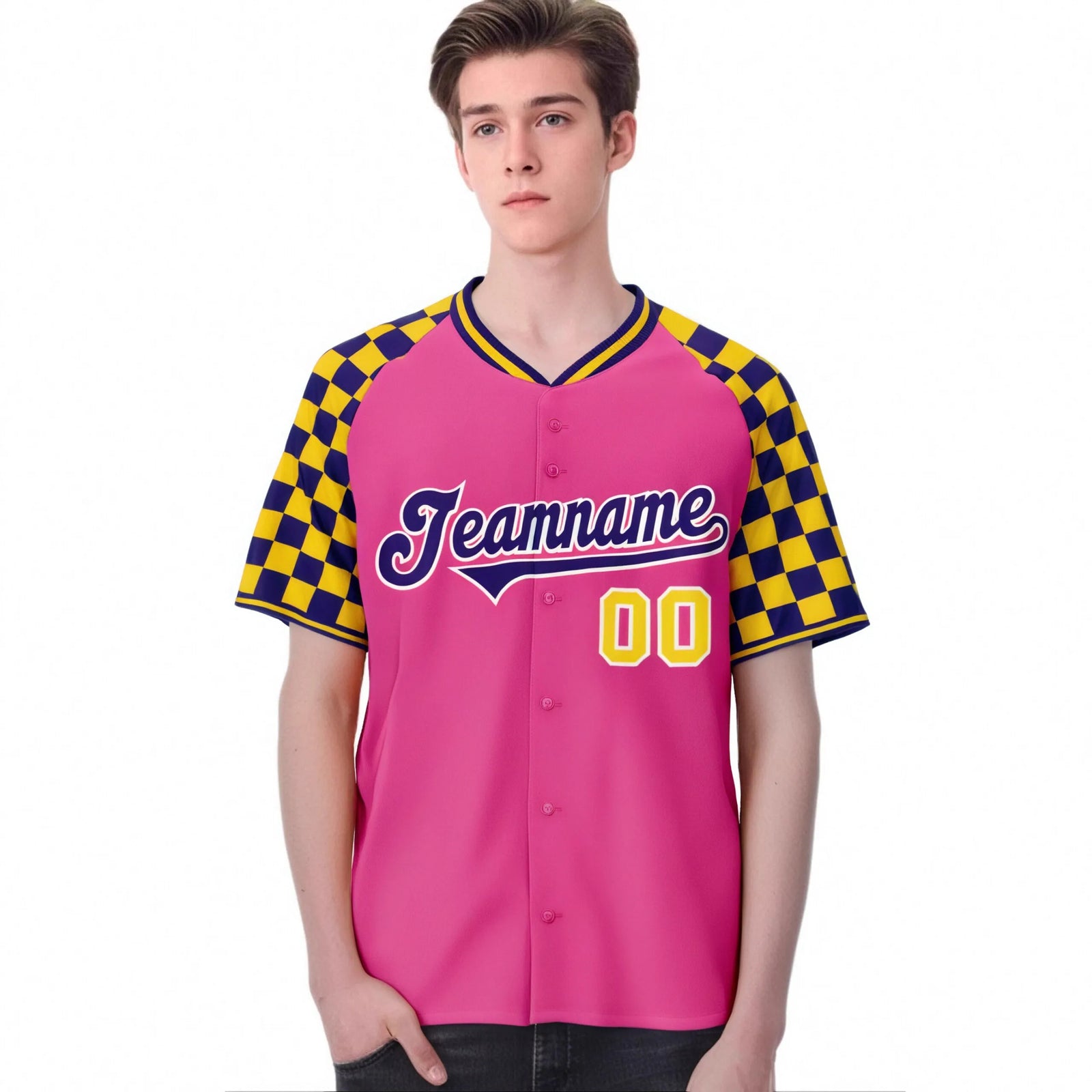 Custom Pink Purple-Gold Authentic Plaid Sleeve Baseball Jersey