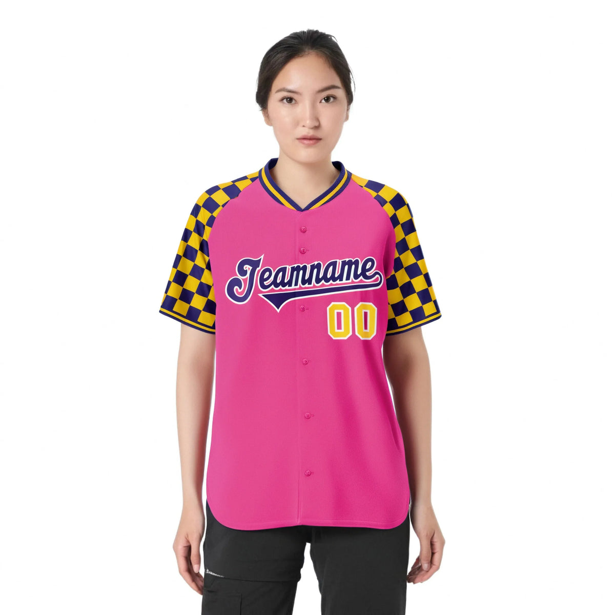 Custom Pink Purple-Gold Authentic Plaid Sleeve Baseball Jersey