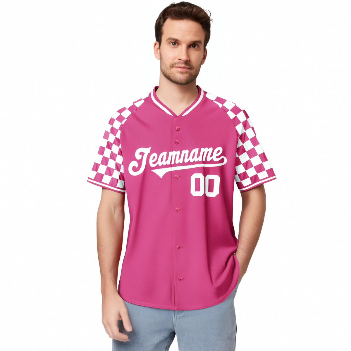 Custom Pink White Authentic Plaid Sleeve Baseball Jersey