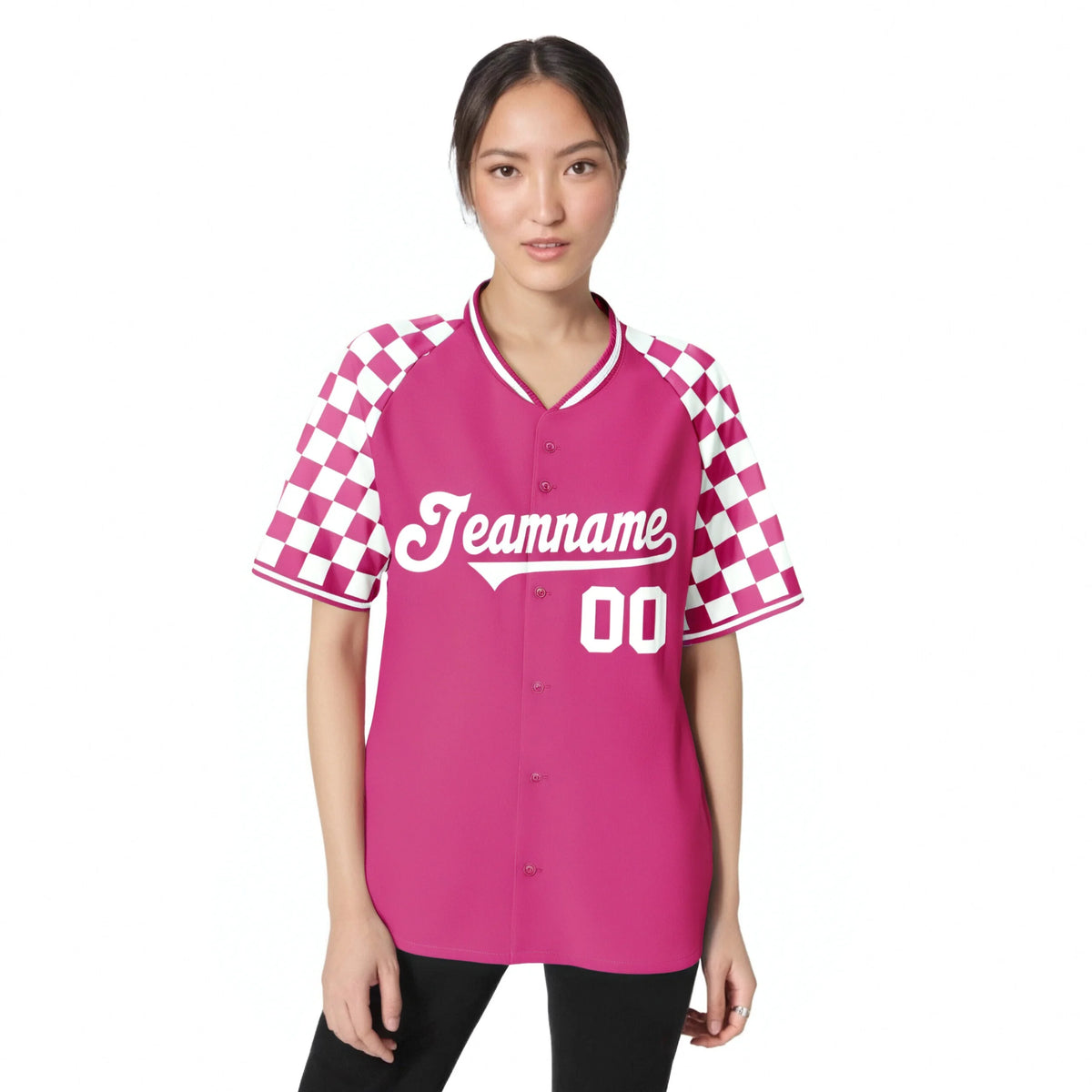 Custom Pink White Authentic Plaid Sleeve Baseball Jersey