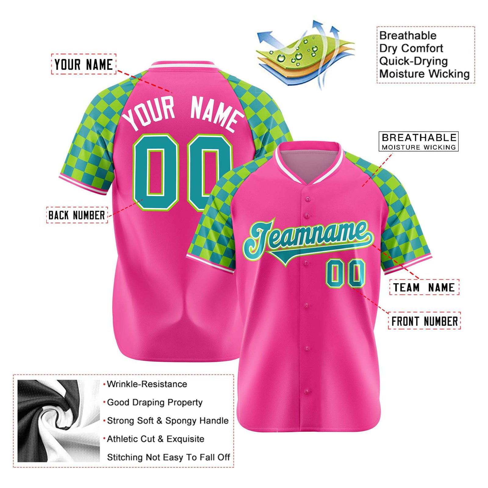 Custom Pink Neon Green-Aqua Authentic Plaid Sleeve Baseball Jersey