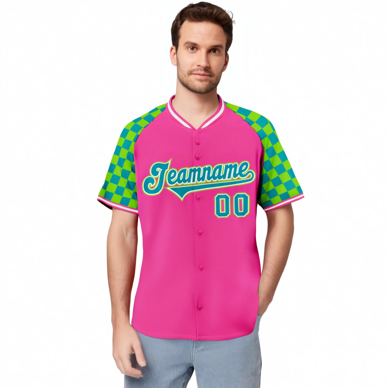 Custom Pink Neon Green-Aqua Authentic Plaid Sleeve Baseball Jersey