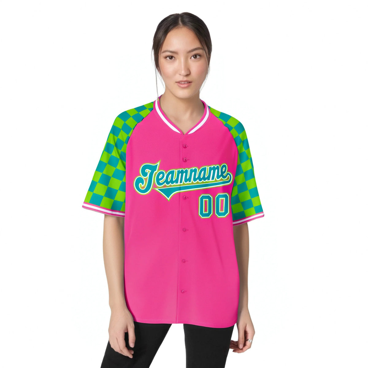 Custom Pink Neon Green-Aqua Authentic Plaid Sleeve Baseball Jersey