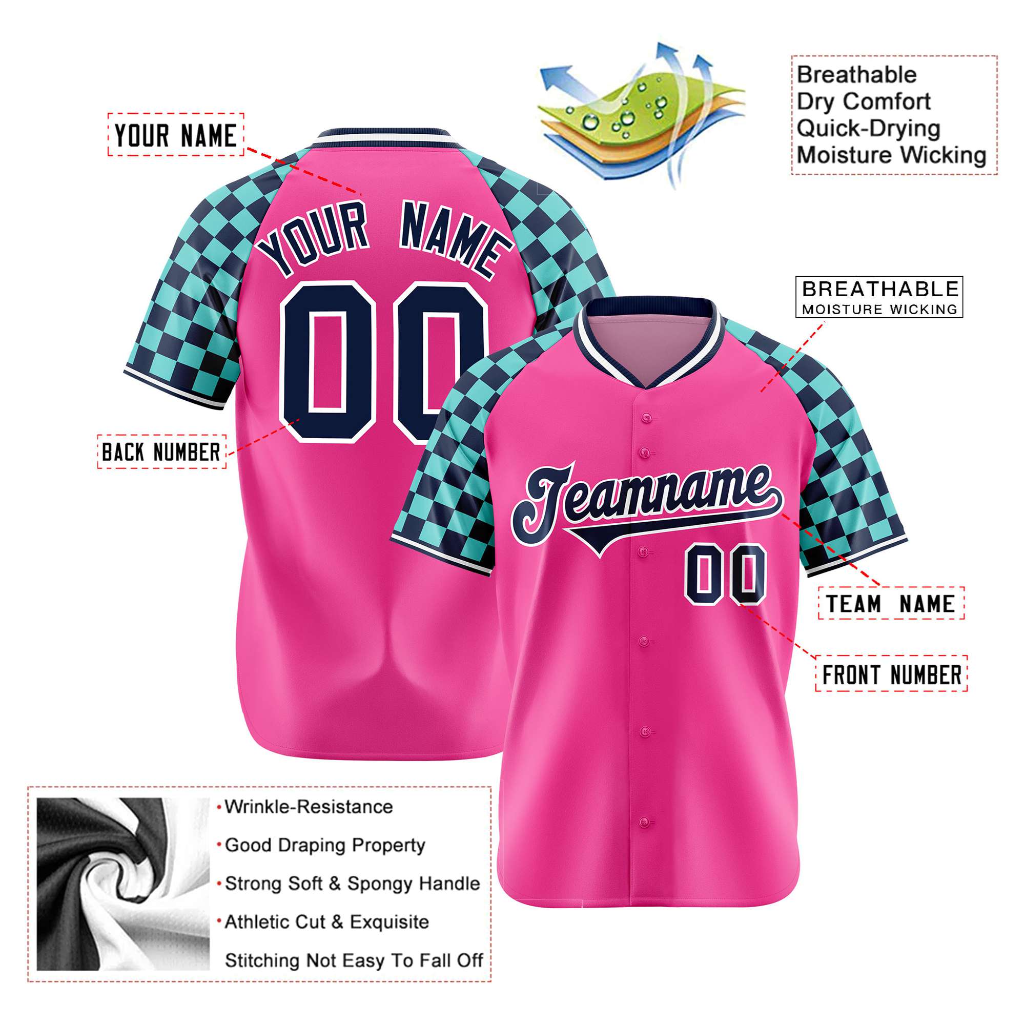 Custom Pink Navy-Bright Green Authentic Plaid Sleeve Baseball Jersey