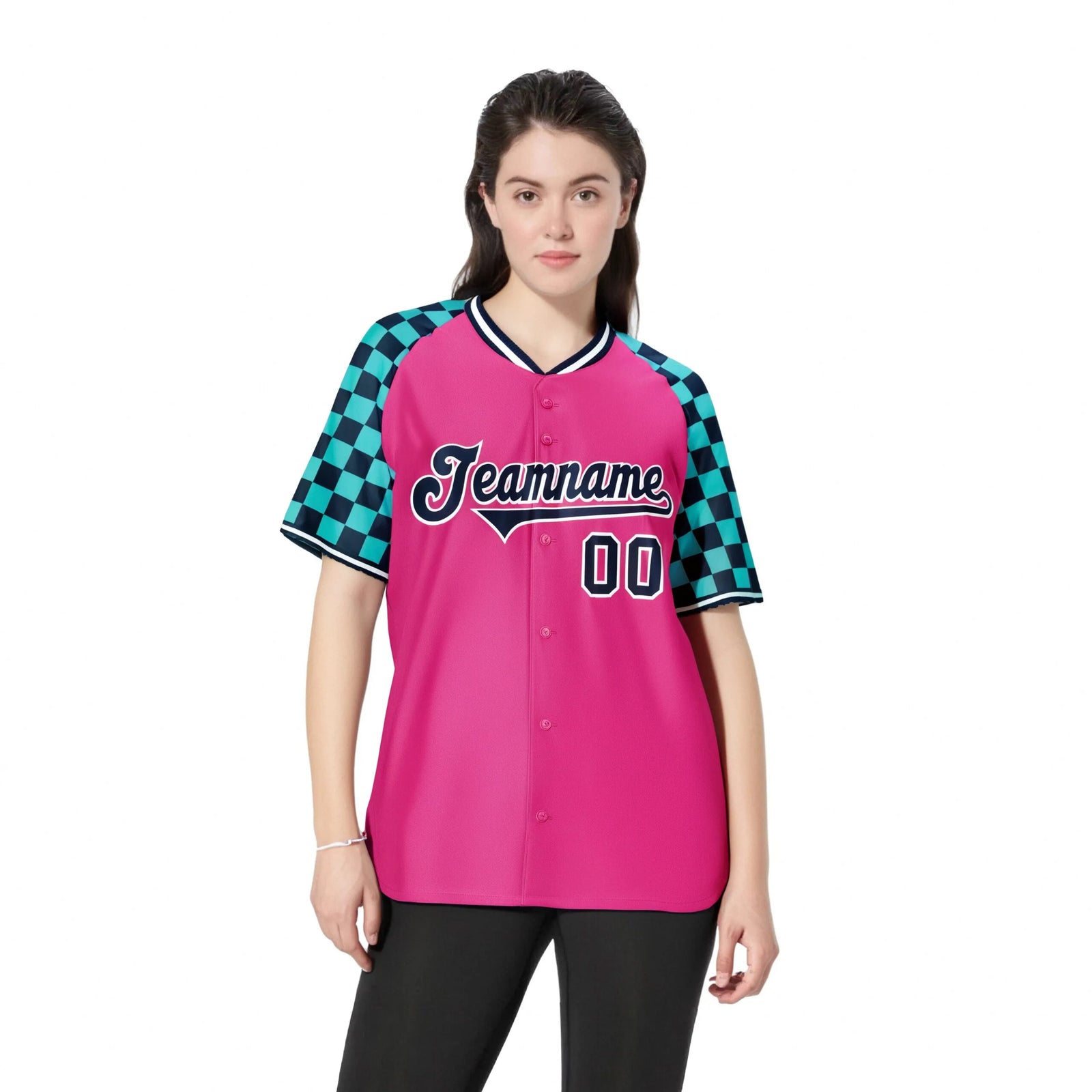 Custom Pink Navy-Bright Green Authentic Plaid Sleeve Baseball Jersey