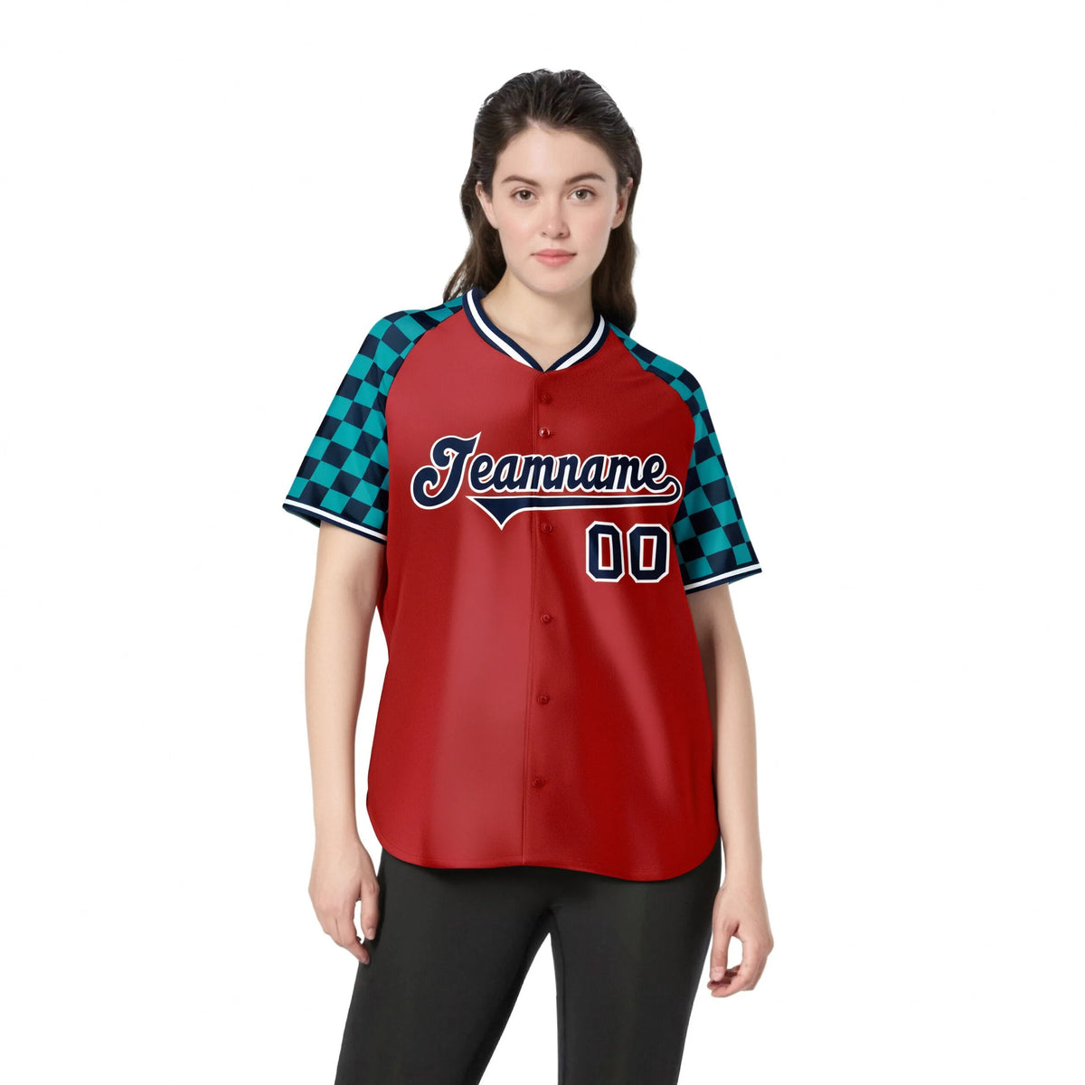 Custom Red Navy-Aqua Authentic Plaid Sleeve Baseball Jersey
