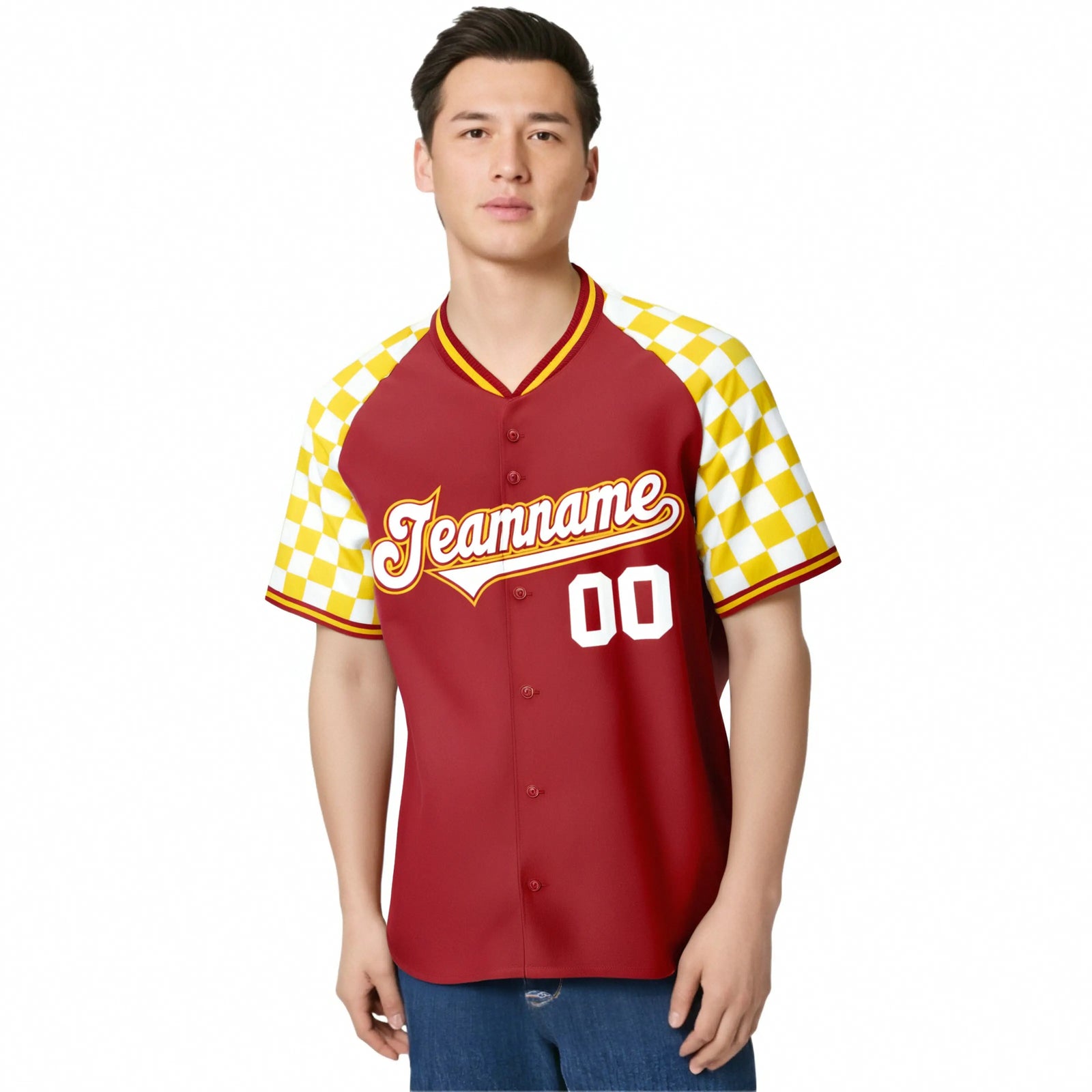 Custom Red White-Gold Authentic Plaid Sleeve Baseball Jersey