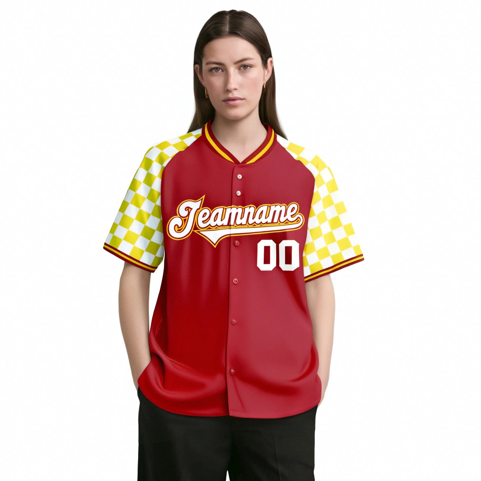 Custom Red White-Gold Authentic Plaid Sleeve Baseball Jersey