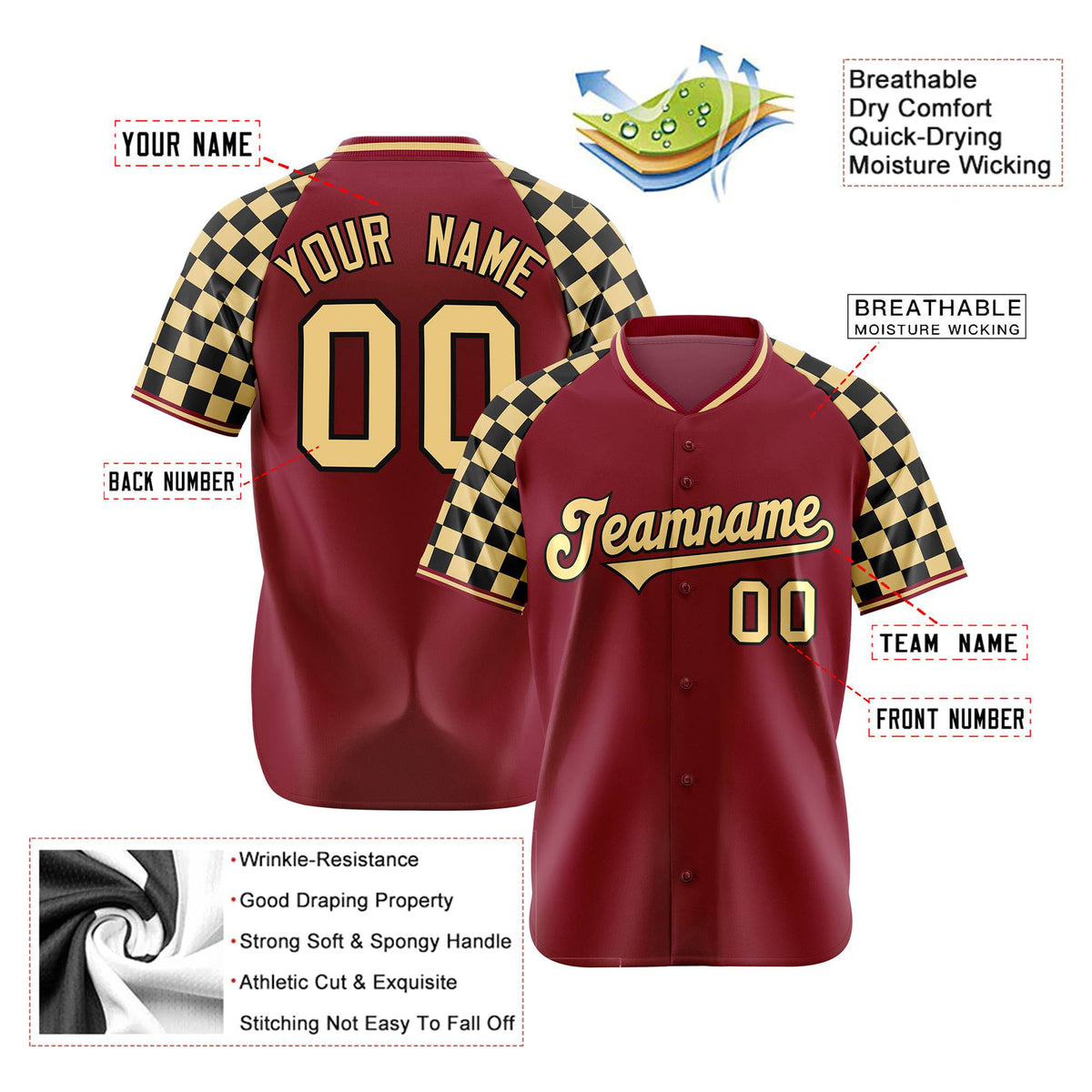 Custom Crimson Khaki-Black Authentic Plaid Sleeve Baseball Jersey