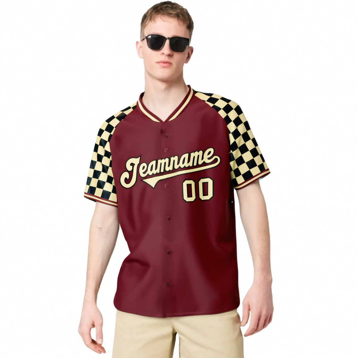 Custom Crimson Khaki-Black Authentic Plaid Sleeve Baseball Jersey