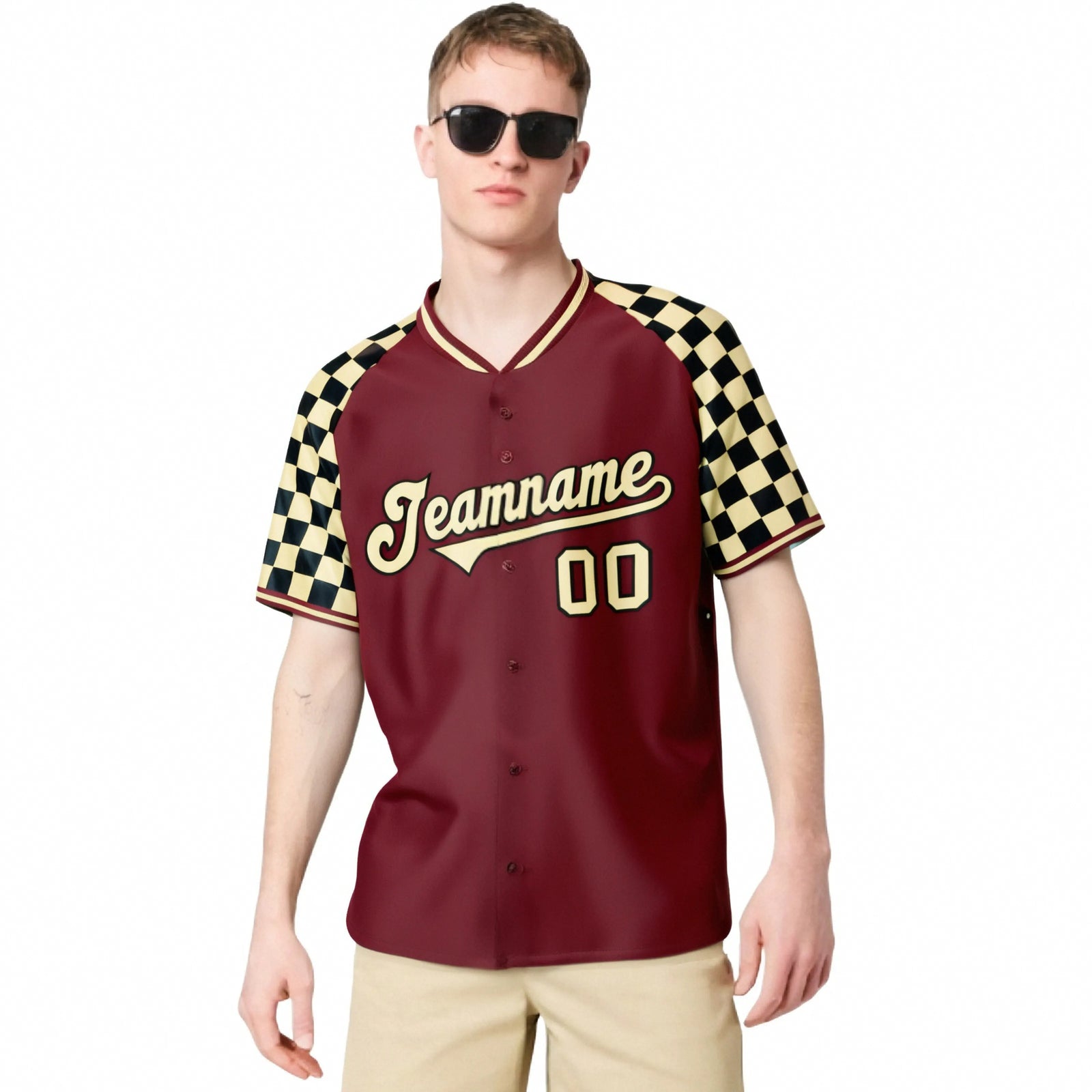 Custom Crimson Khaki-Black Authentic Plaid Sleeve Baseball Jersey