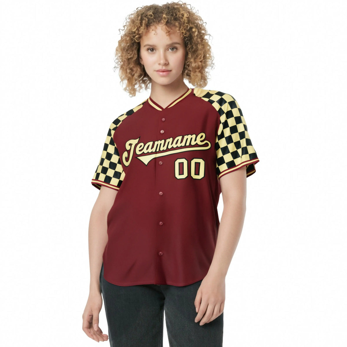 Custom Crimson Khaki-Black Authentic Plaid Sleeve Baseball Jersey