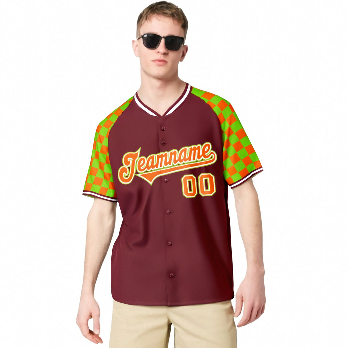 Custom Crimson Orange-Neon Green Authentic Plaid Sleeve Baseball Jersey