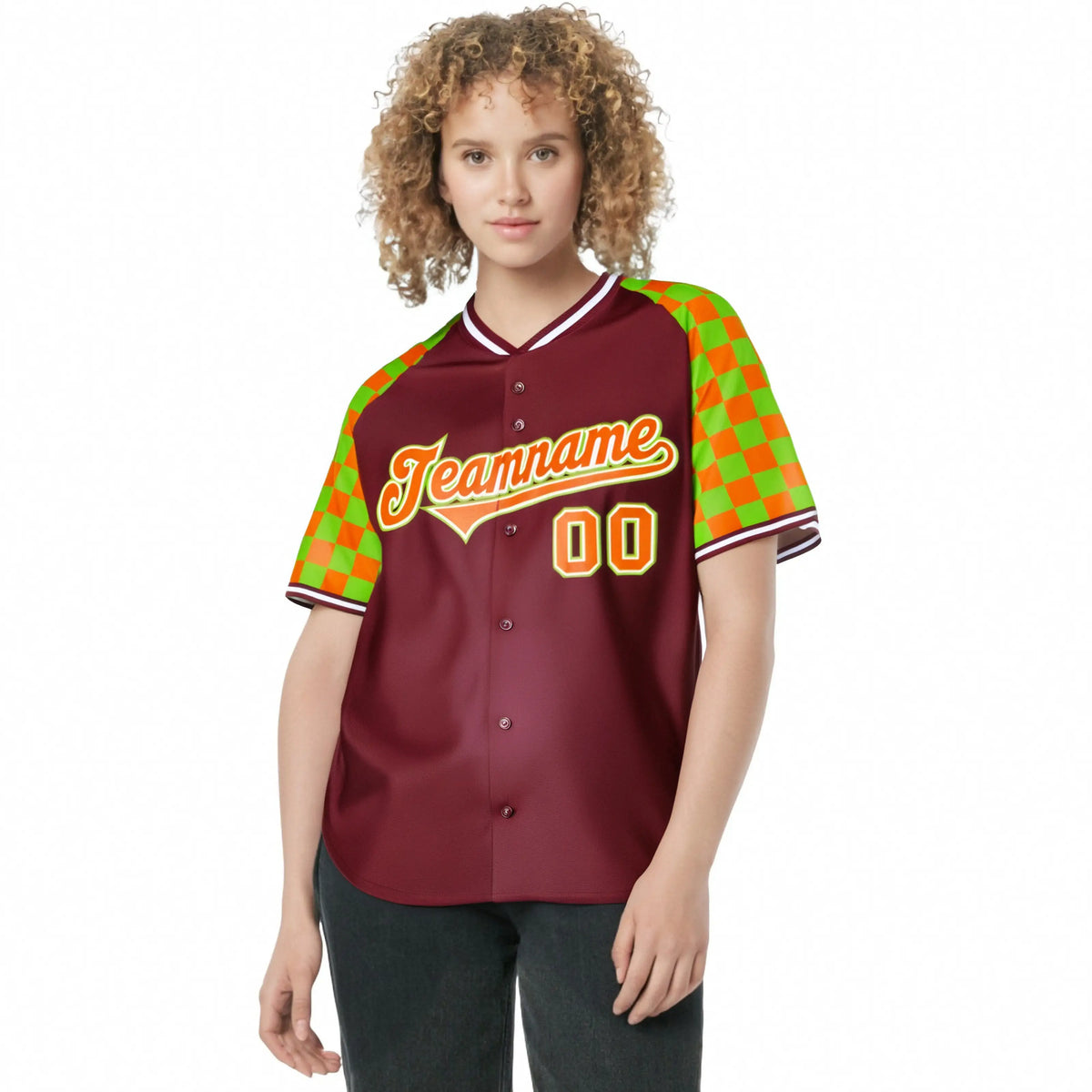 Custom Crimson Orange-Neon Green Authentic Plaid Sleeve Baseball Jersey