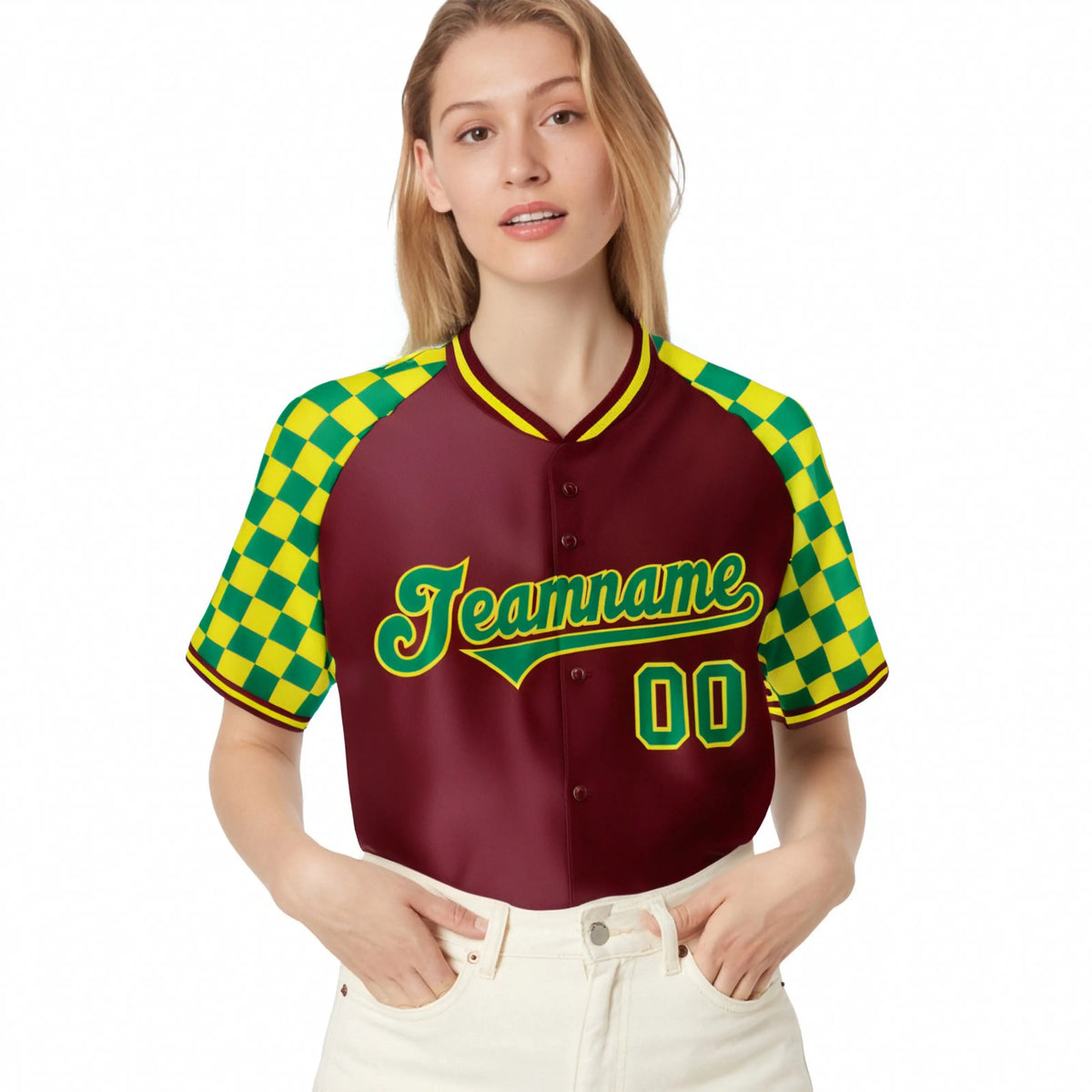 Custom Crimson Kelly Green-Gold Authentic Plaid Sleeve Baseball Jersey