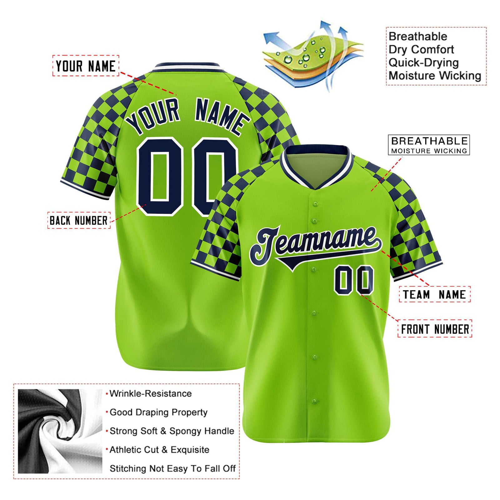 Custom Neon Green Navy-White Authentic Plaid Sleeve Baseball Jersey