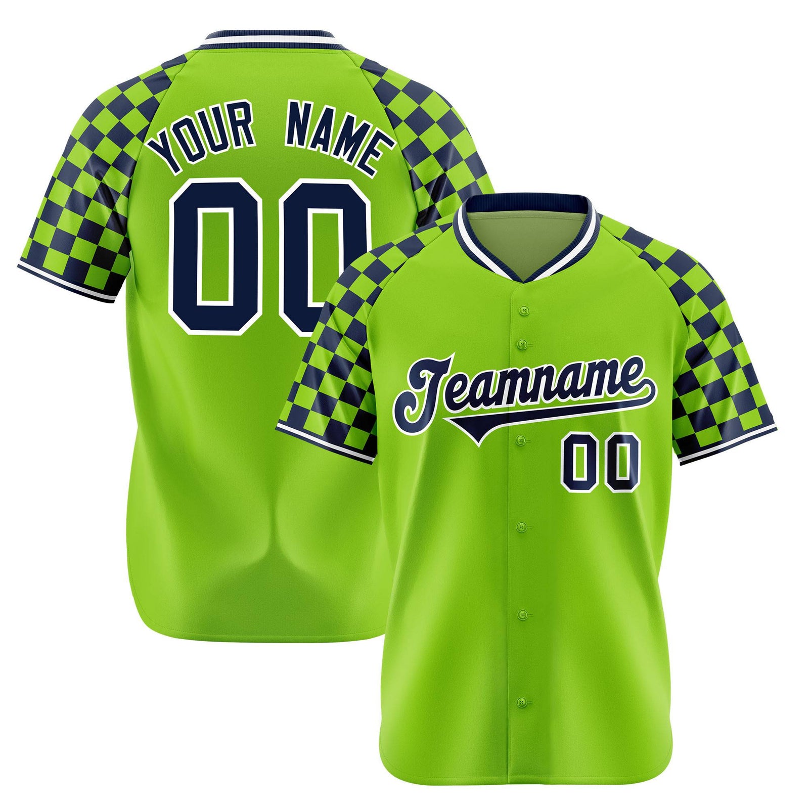 Custom Neon Green Navy-White Authentic Plaid Sleeve Baseball Jersey