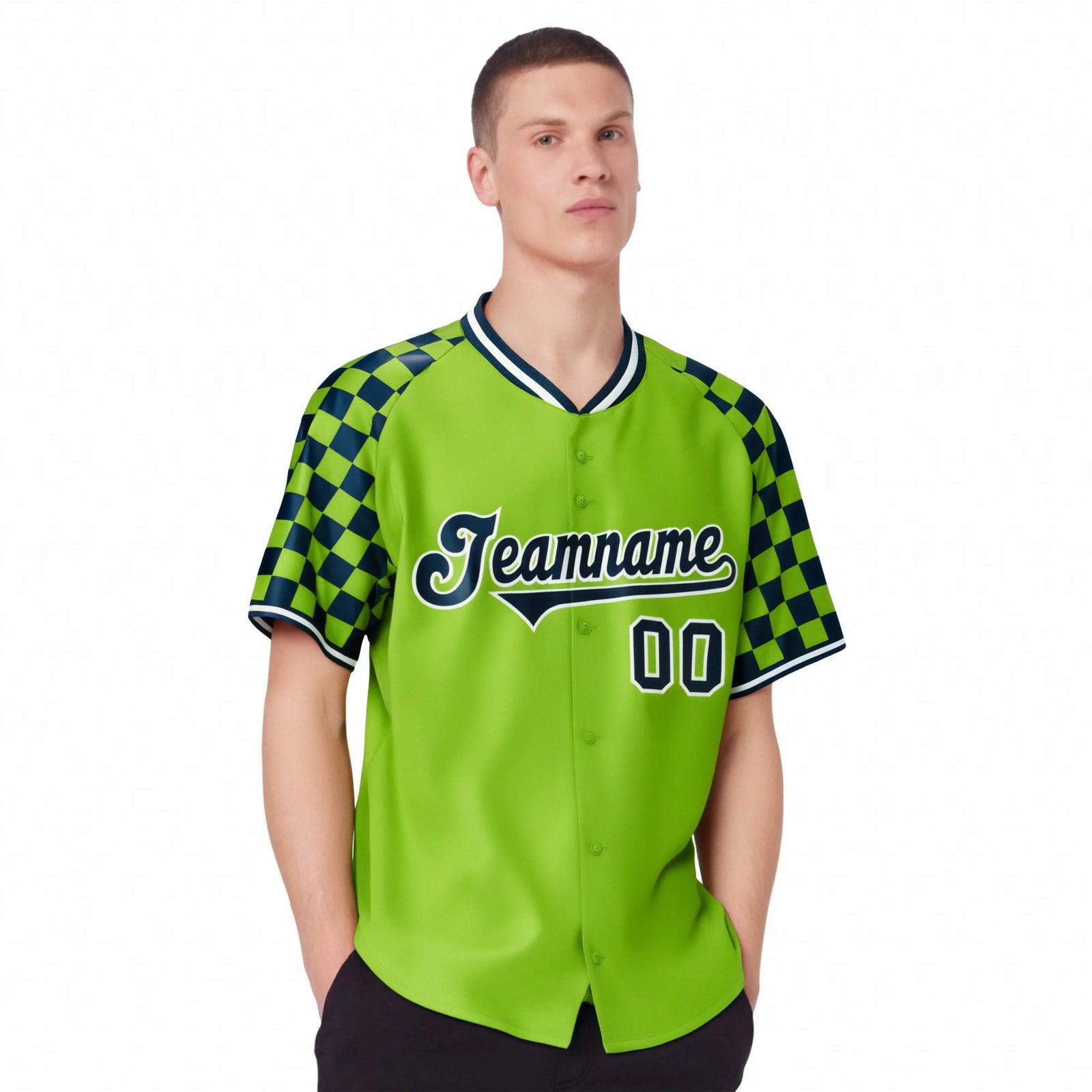 Custom Neon Green Navy-White Authentic Plaid Sleeve Baseball Jersey