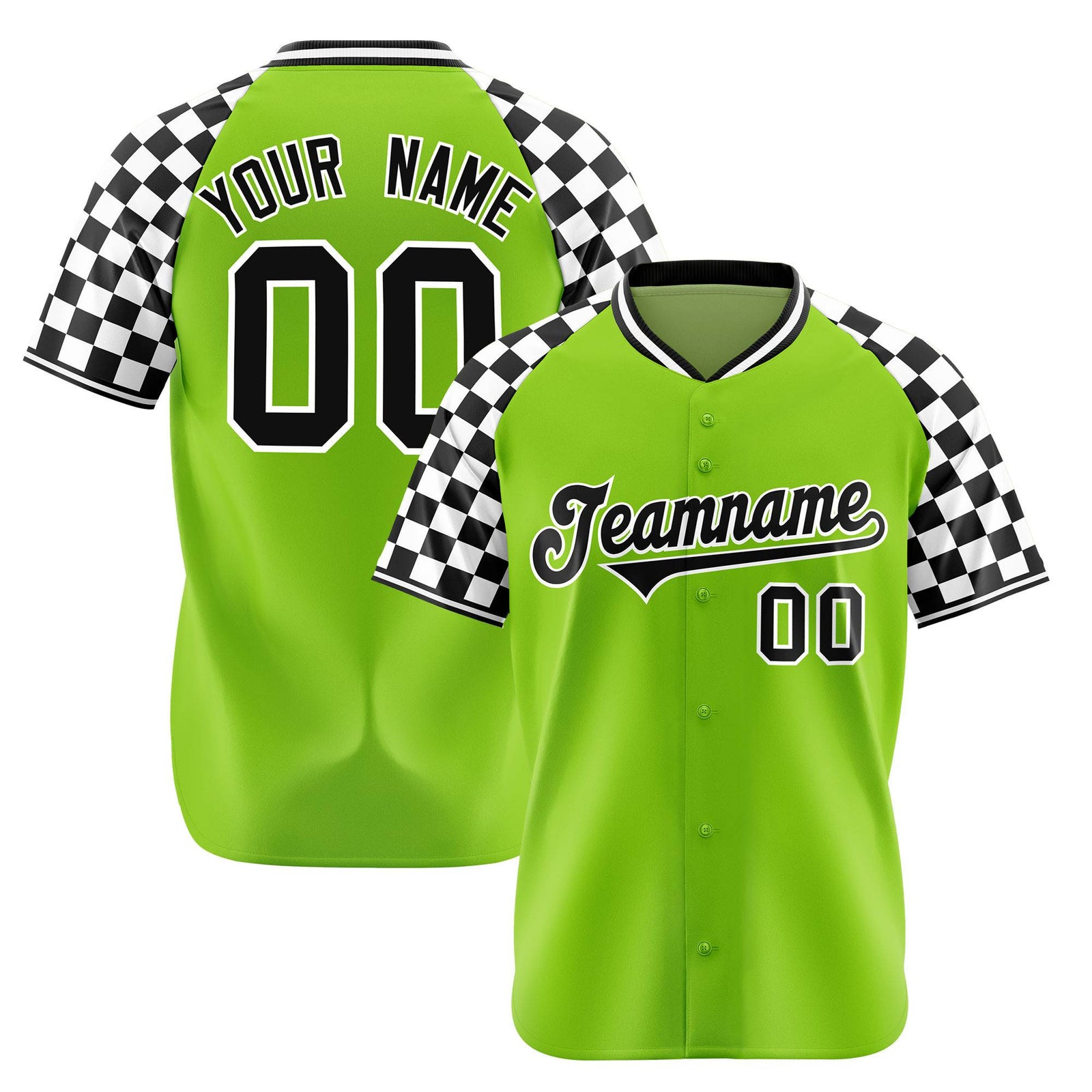 Custom Neon Green Black-White Authentic Plaid Sleeve Baseball Jersey