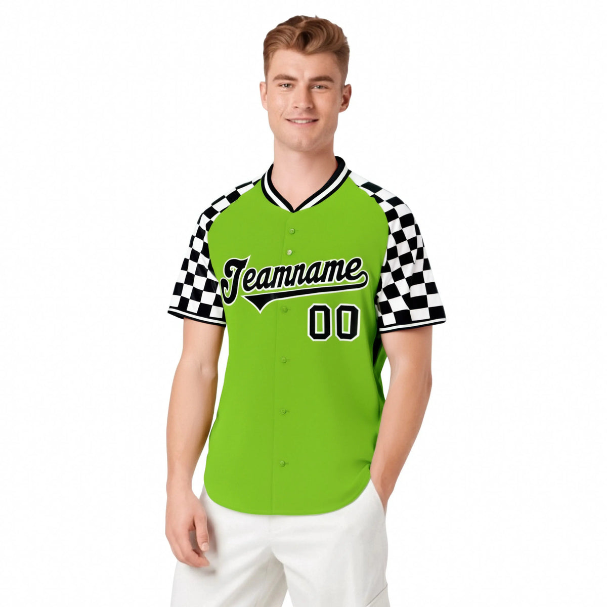 Custom Neon Green Black-White Authentic Plaid Sleeve Baseball Jersey