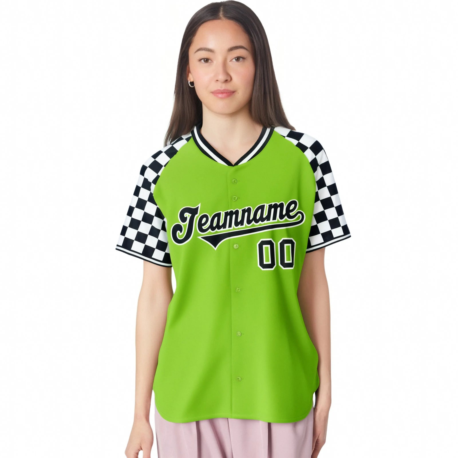 Custom Neon Green Black-White Authentic Plaid Sleeve Baseball Jersey
