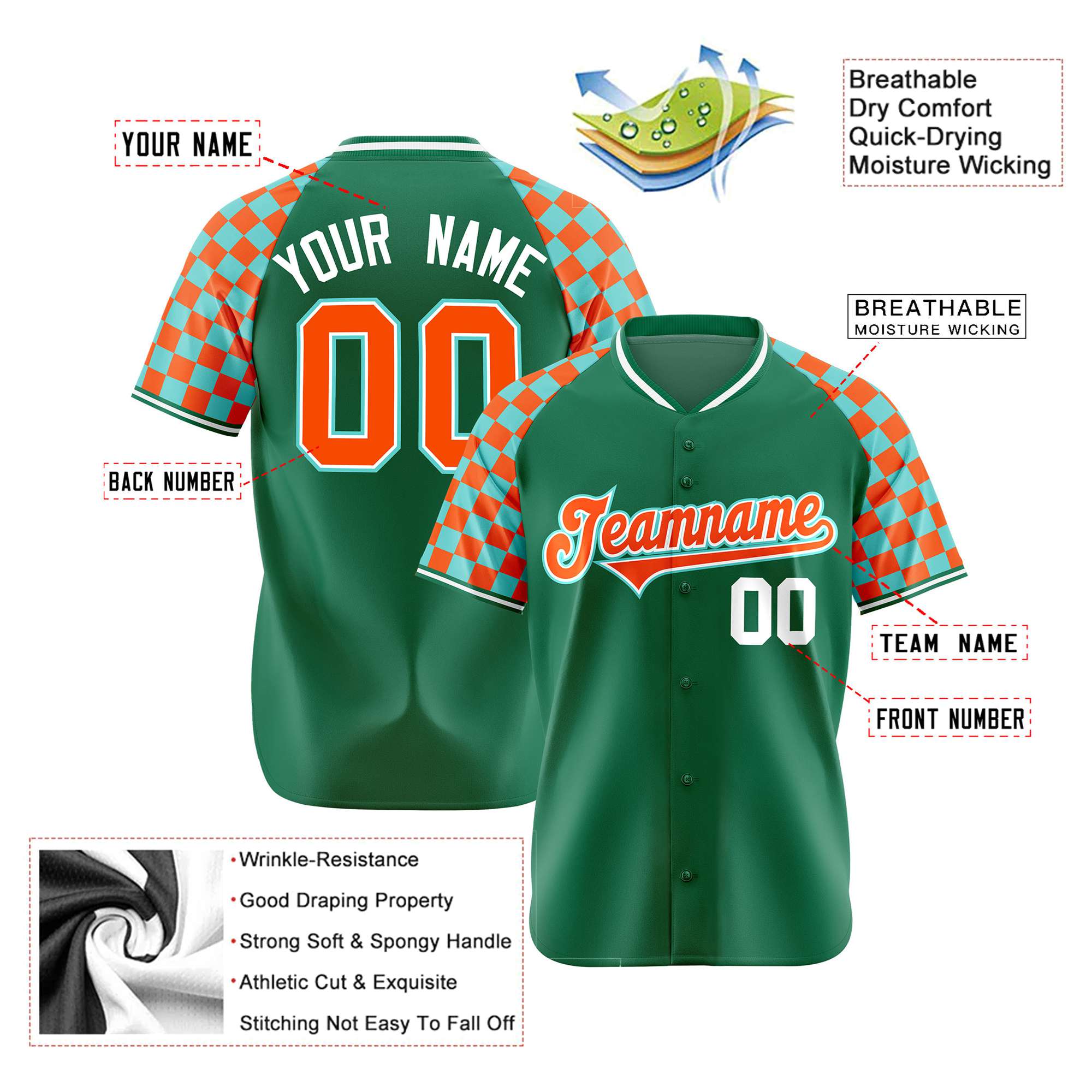 Custom Kelly Green Orange-Bright Green Authentic Plaid Sleeve Baseball Jersey