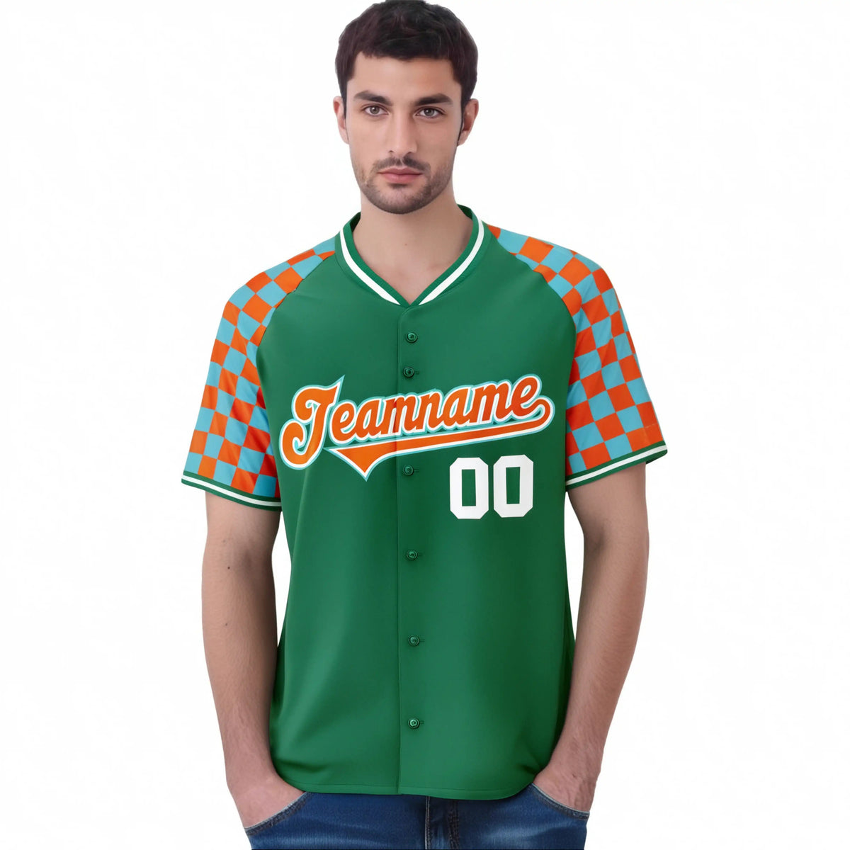Custom Kelly Green Orange-Bright Green Authentic Plaid Sleeve Baseball Jersey