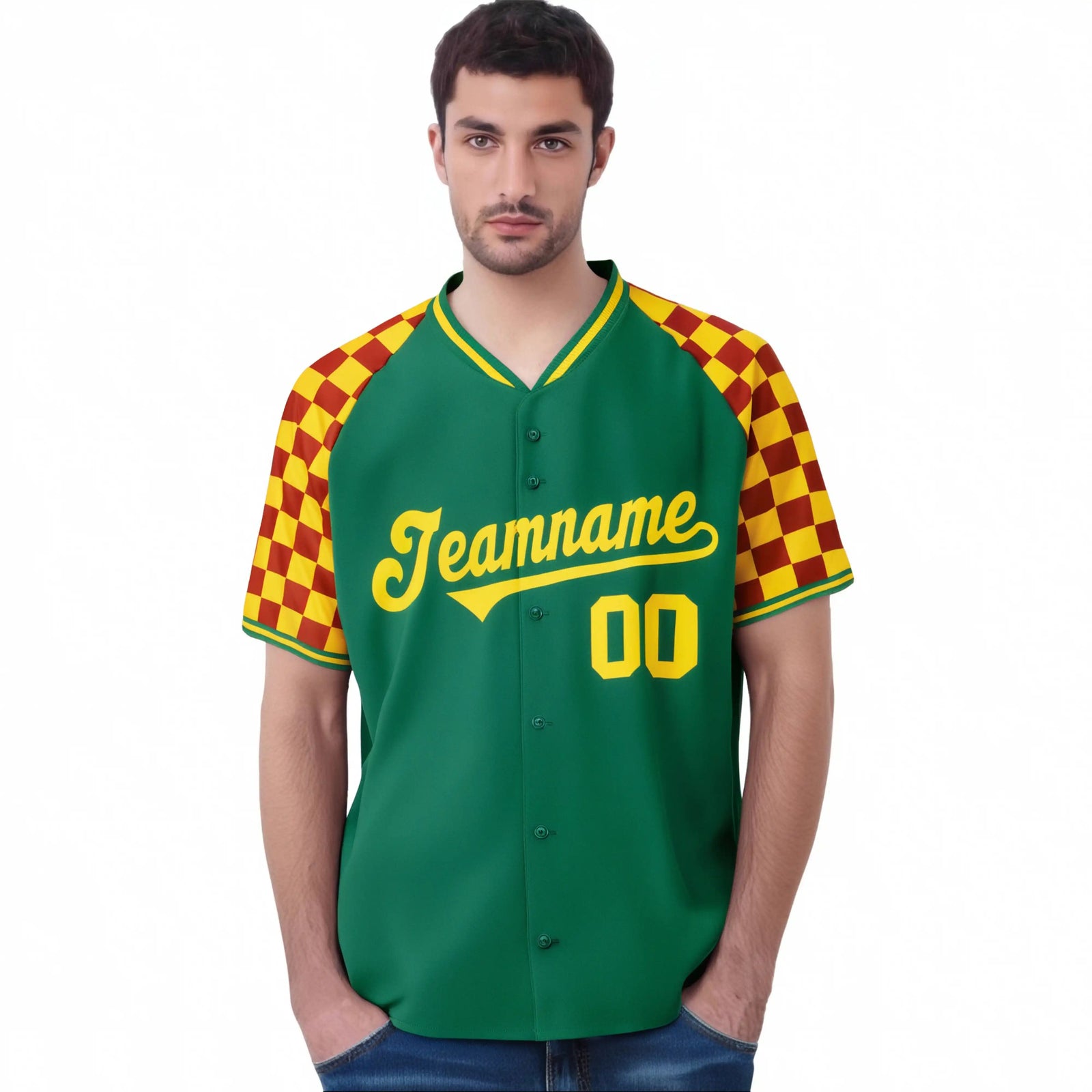 Custom Kelly Green Gold-Red Authentic Plaid Sleeve Baseball Jersey