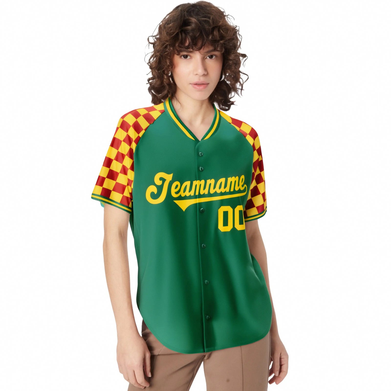 Custom Kelly Green Gold-Red Authentic Plaid Sleeve Baseball Jersey