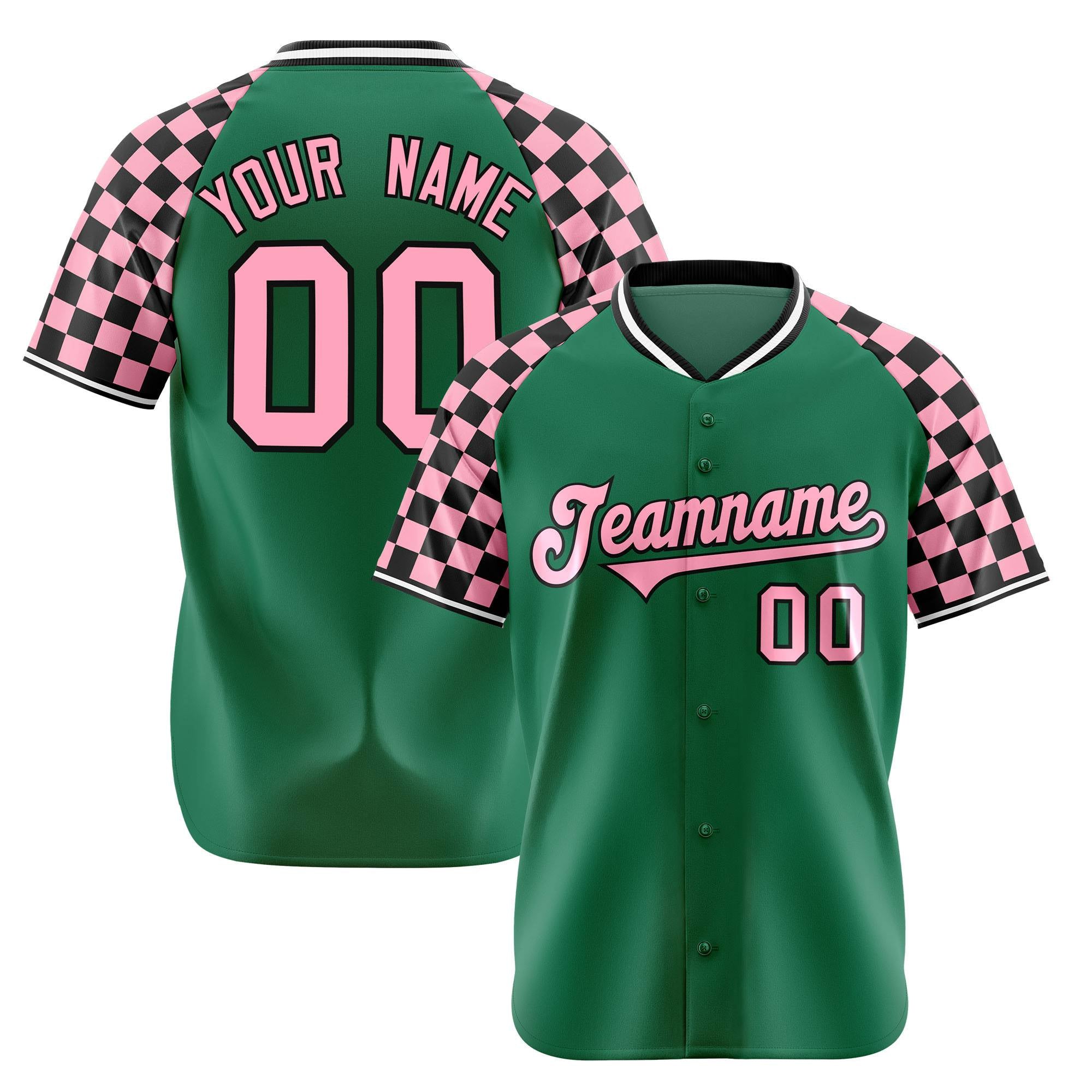 Custom Kelly Green-Light Pink Black Authentic Plaid sleeve Baseball Jersey