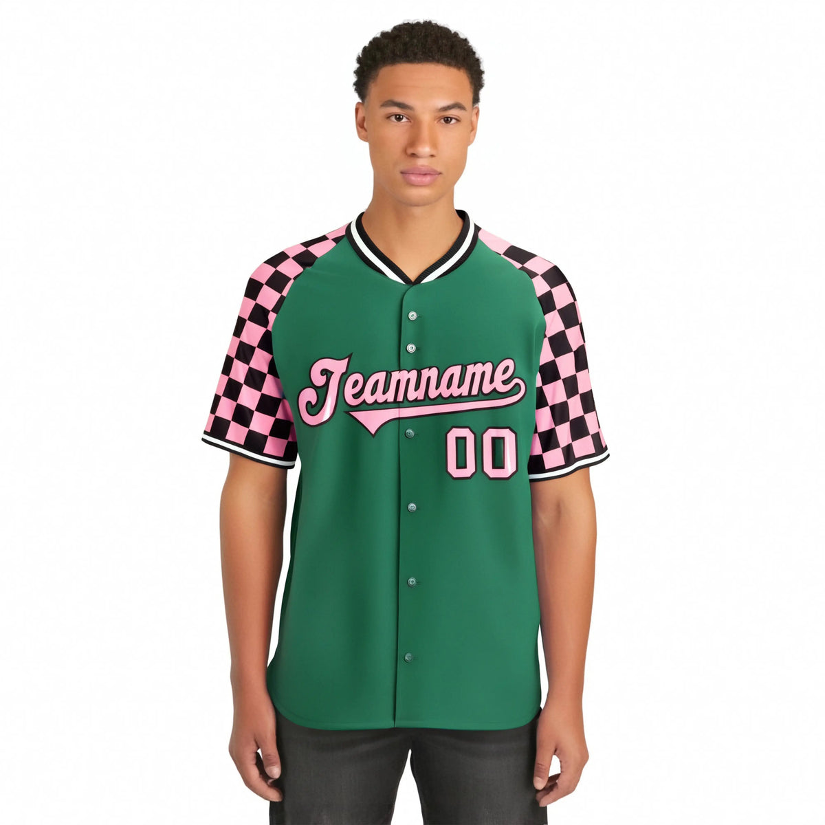 Custom Kelly Green-Light Pink Black Authentic Plaid sleeve Baseball Jersey