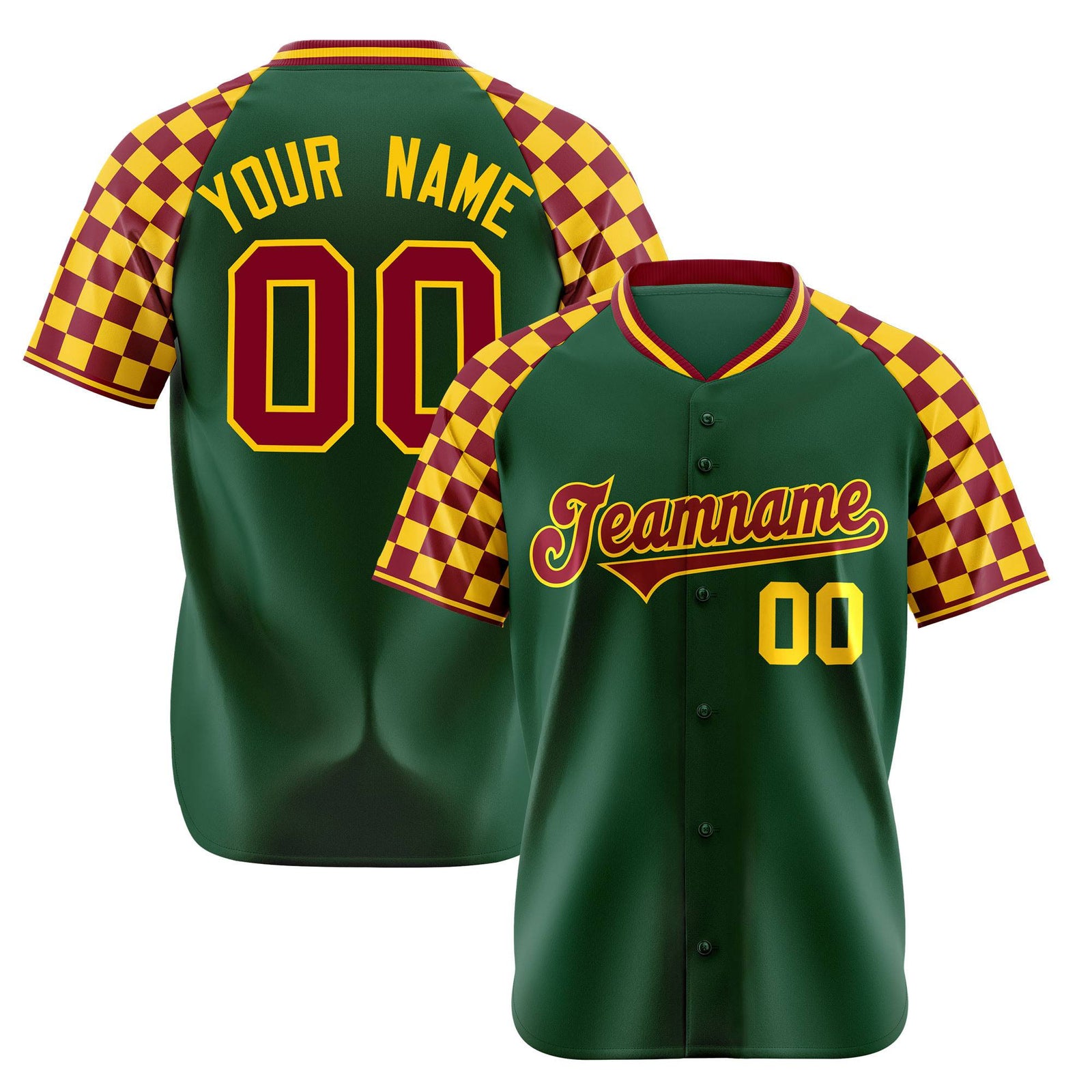 Custom Green Crimson-Gold Authentic Plaid Sleeve Baseball Jersey