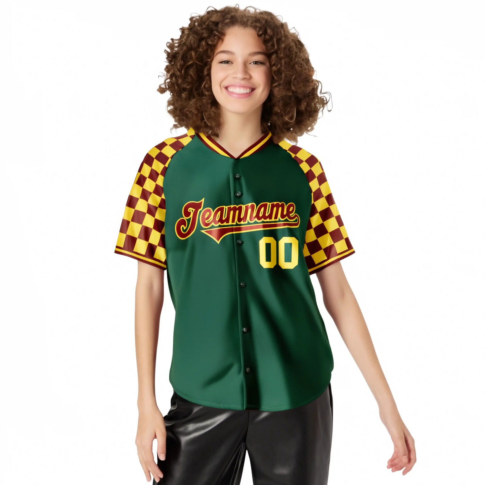 Custom Green Crimson-Gold Authentic Plaid Sleeve Baseball Jersey