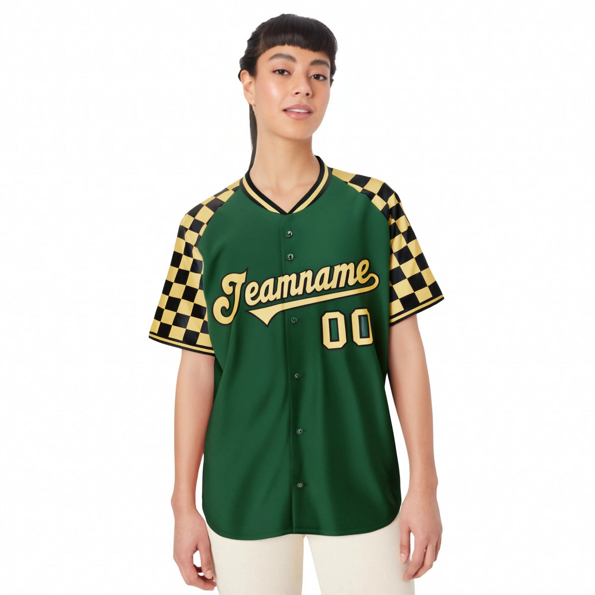 Custom Green Old Gold-Black Authentic Plaid Sleeve Baseball Jersey