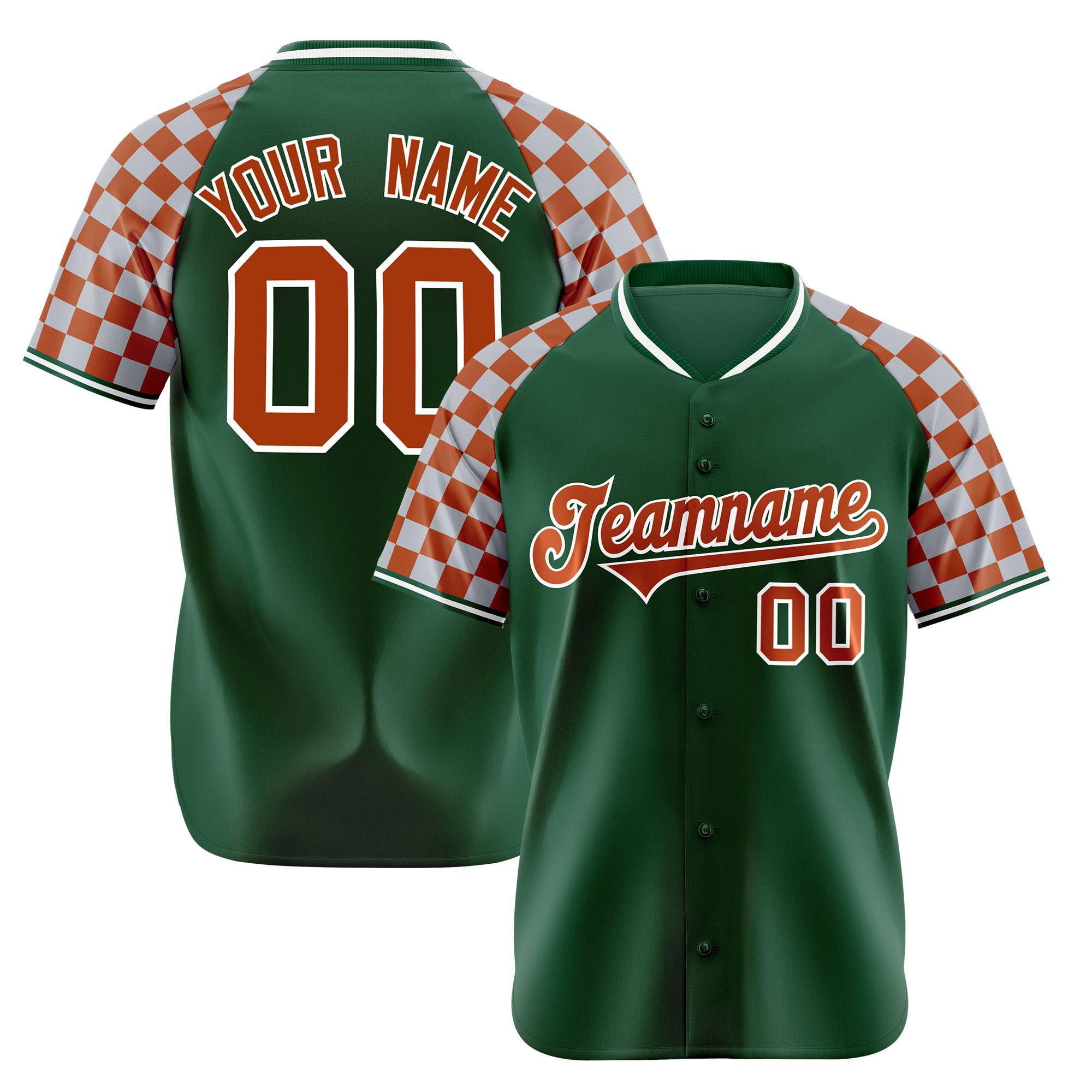 Custom Green Texas Orange-Gray Authentic Plaid Sleeve Baseball Jersey