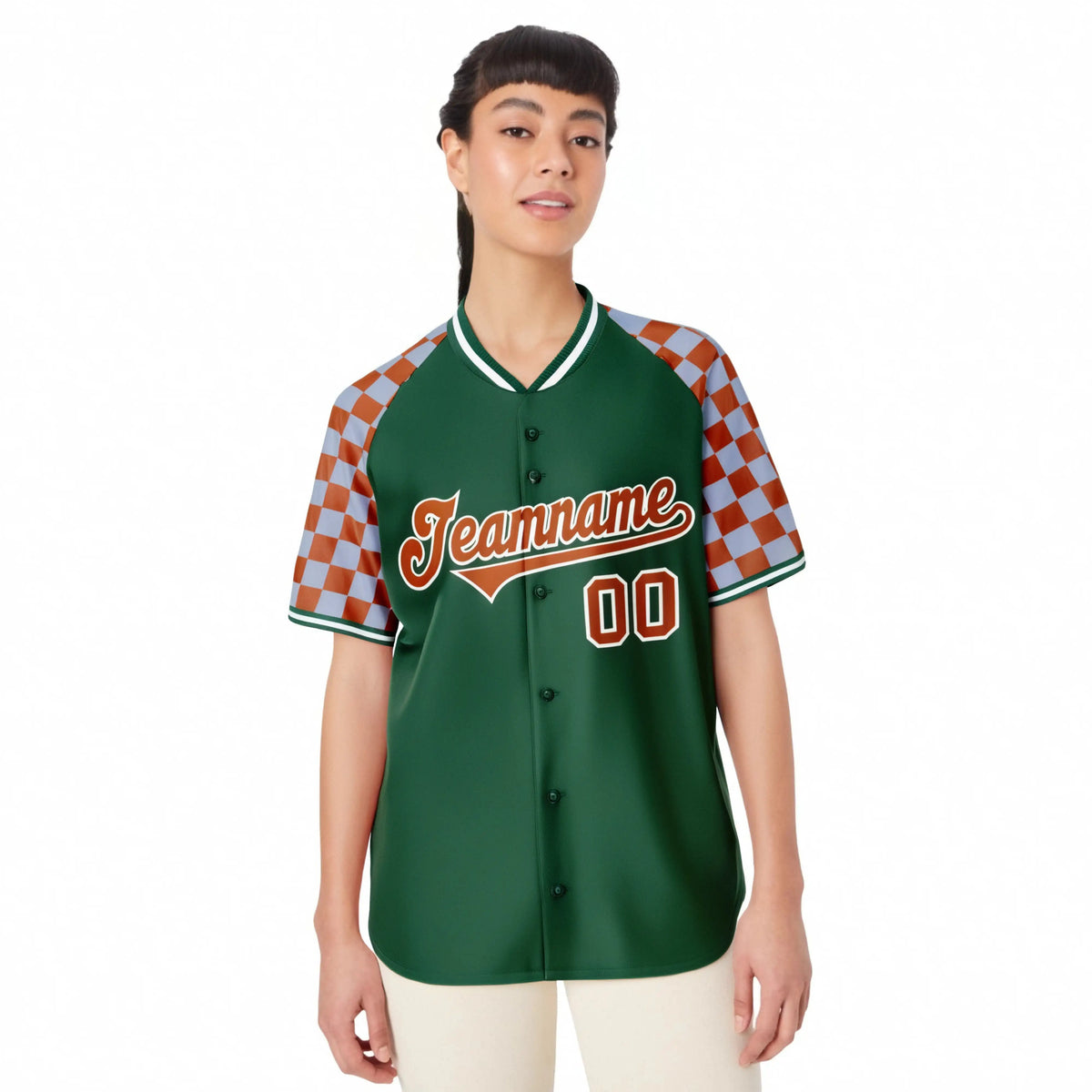 Custom Green Texas Orange-Gray Authentic Plaid Sleeve Baseball Jersey