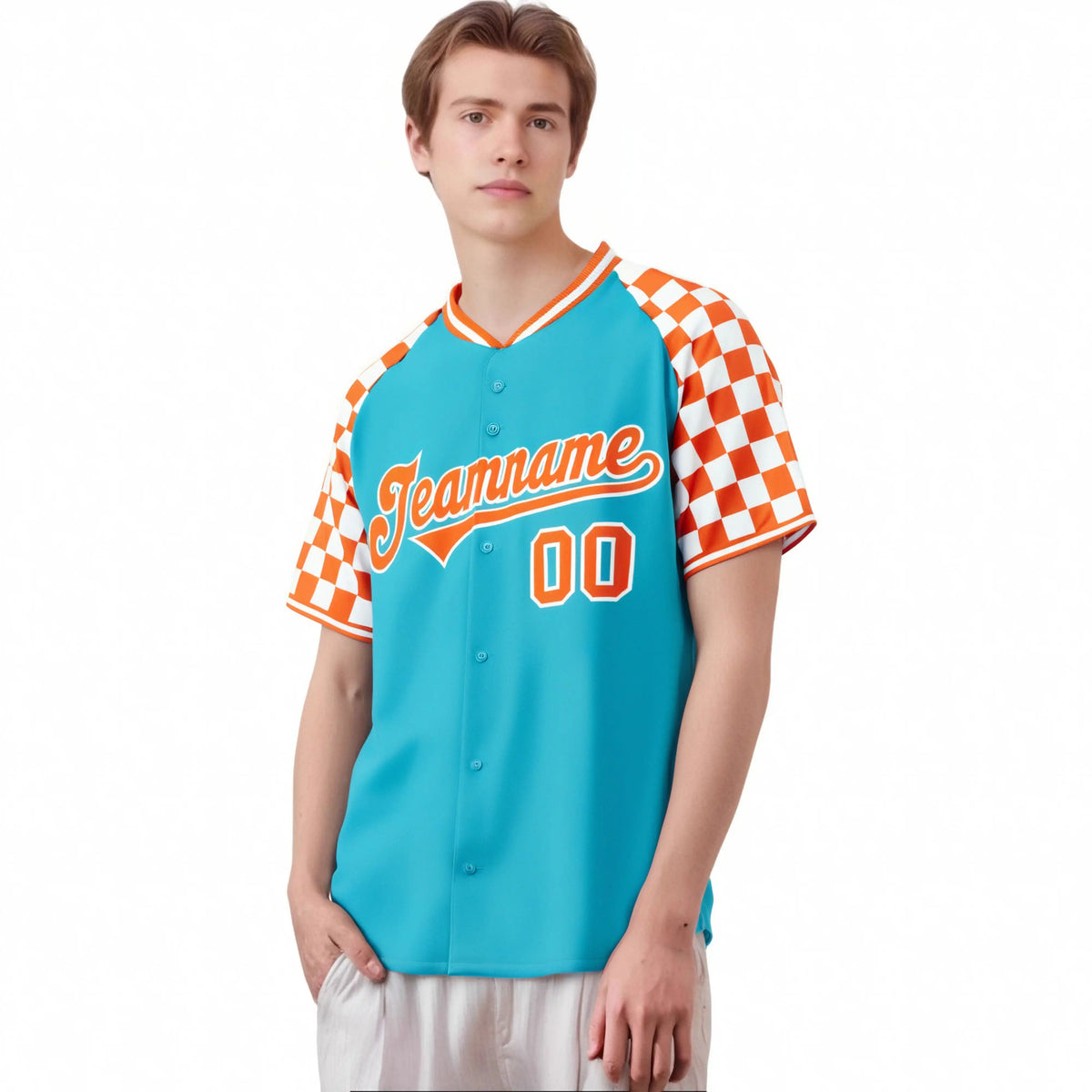 Custom Sky Blue Orange-White Authentic Plaid Sleeve Baseball Jersey