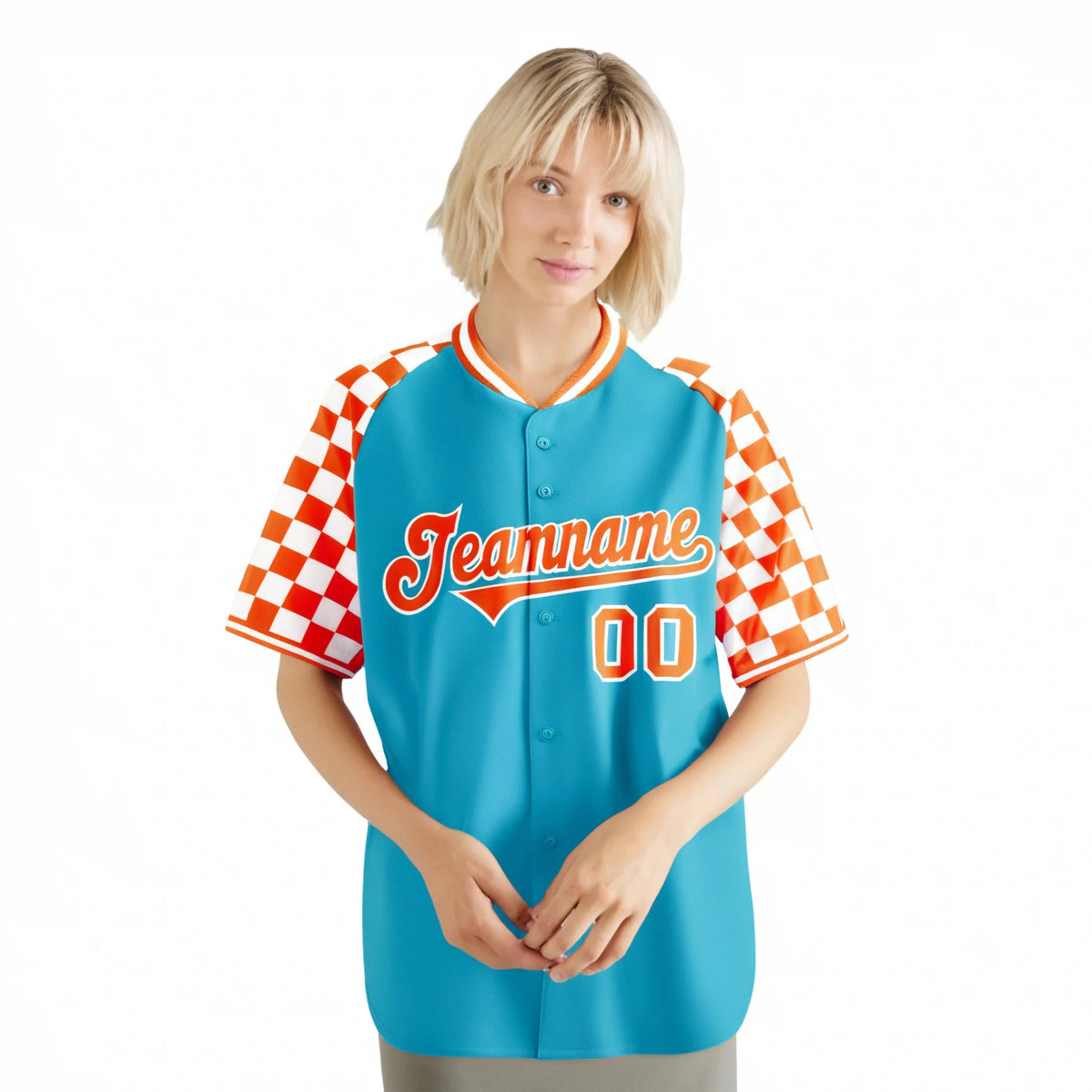 Custom Sky Blue Orange-White Authentic Plaid Sleeve Baseball Jersey