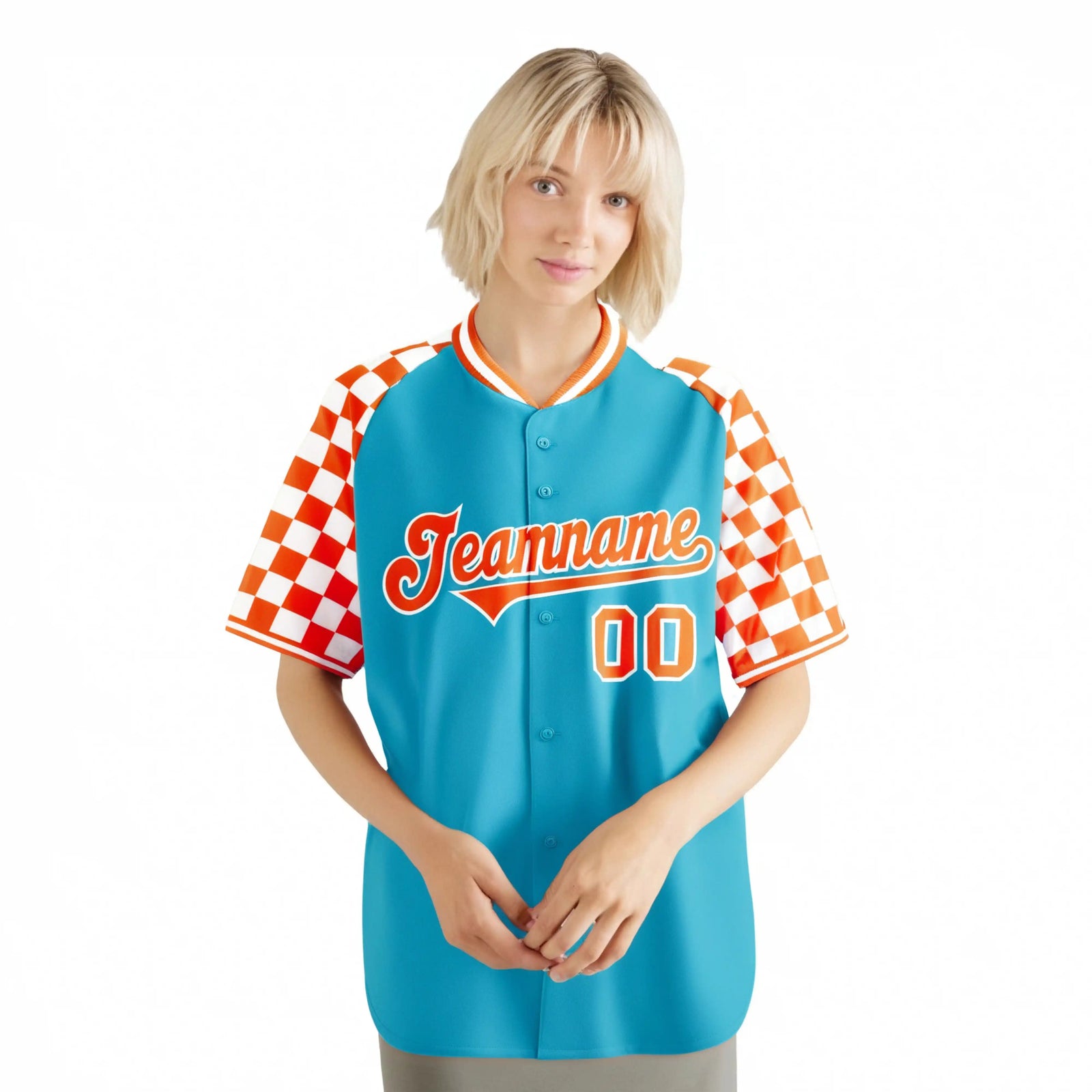Custom Sky Blue Orange-White Authentic Plaid Sleeve Baseball Jersey