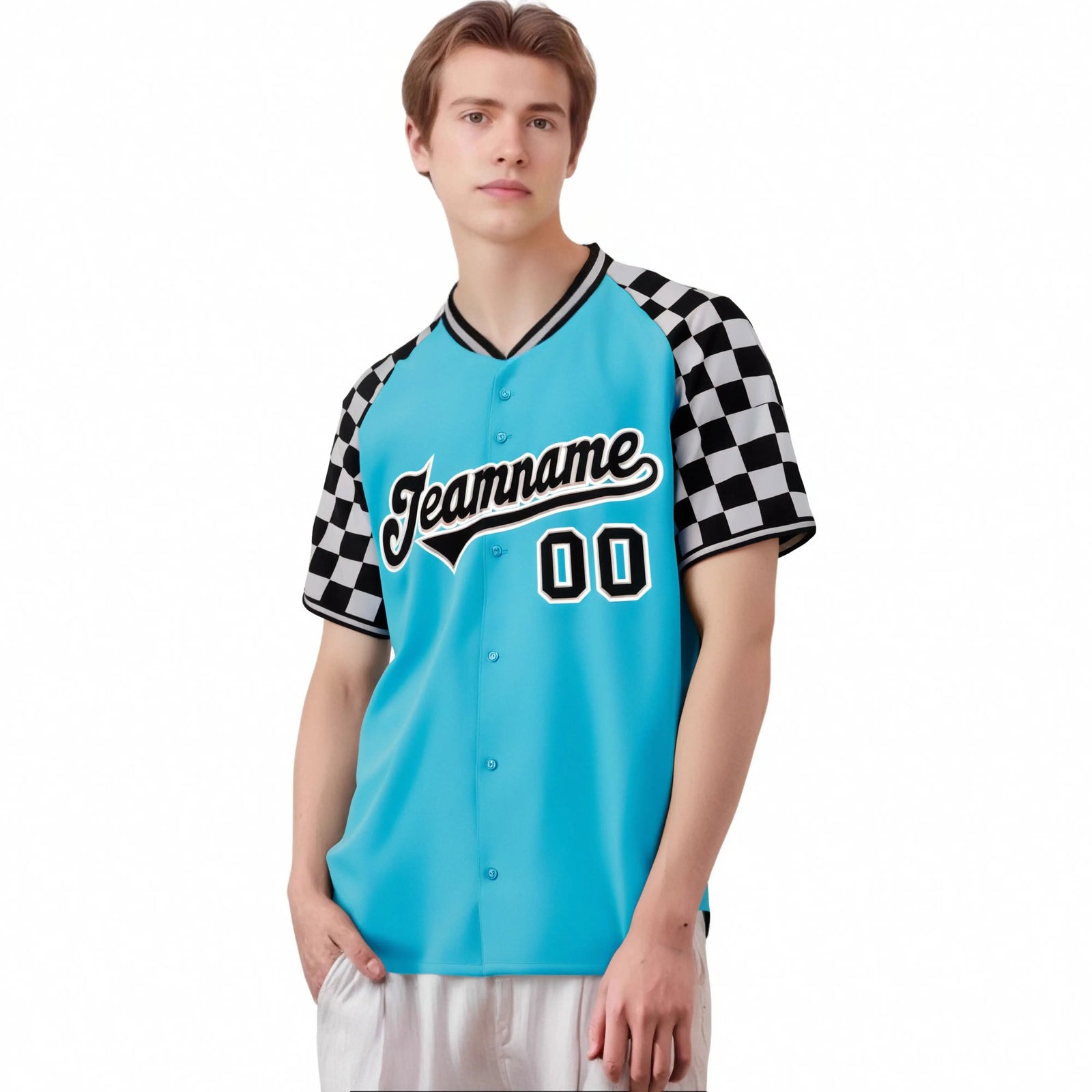 Custom Sky Blue Black-Gray Authentic Plaid Sleeve Baseball Jersey
