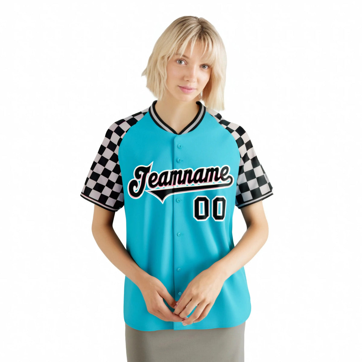 Custom Sky Blue Black-Gray Authentic Plaid Sleeve Baseball Jersey