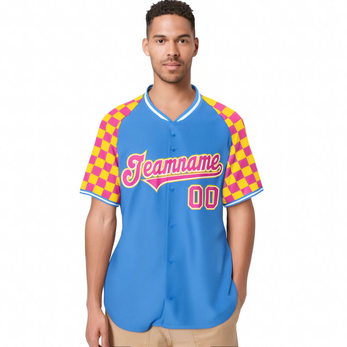 Custom Powder Blue Pink-Gold Authentic Plaid Sleeve Baseball Jersey