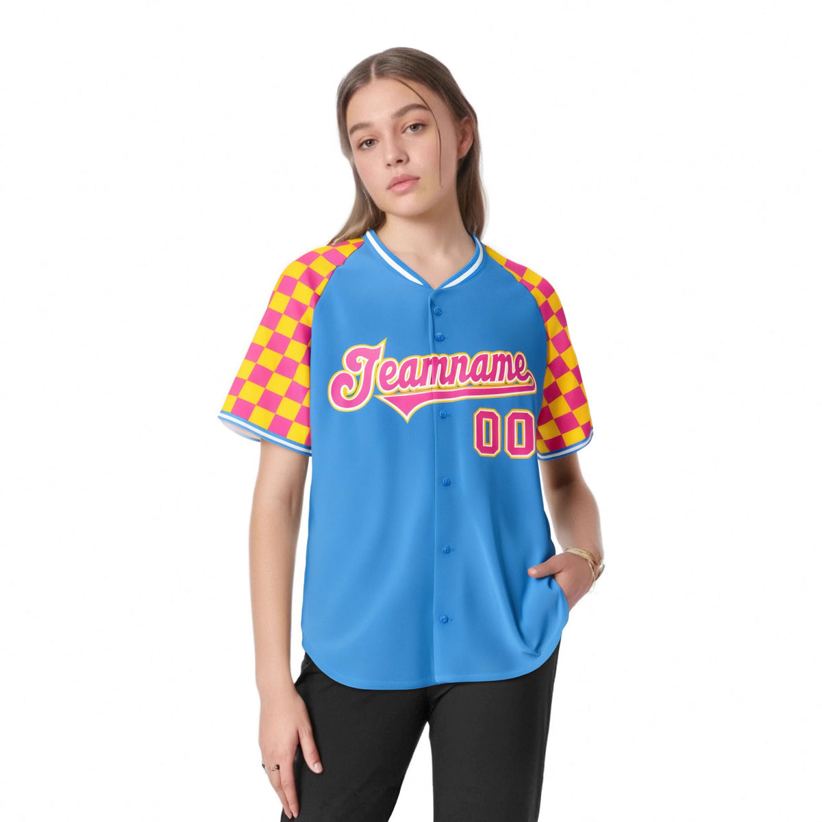 Custom Powder Blue Pink-Gold Authentic Plaid Sleeve Baseball Jersey