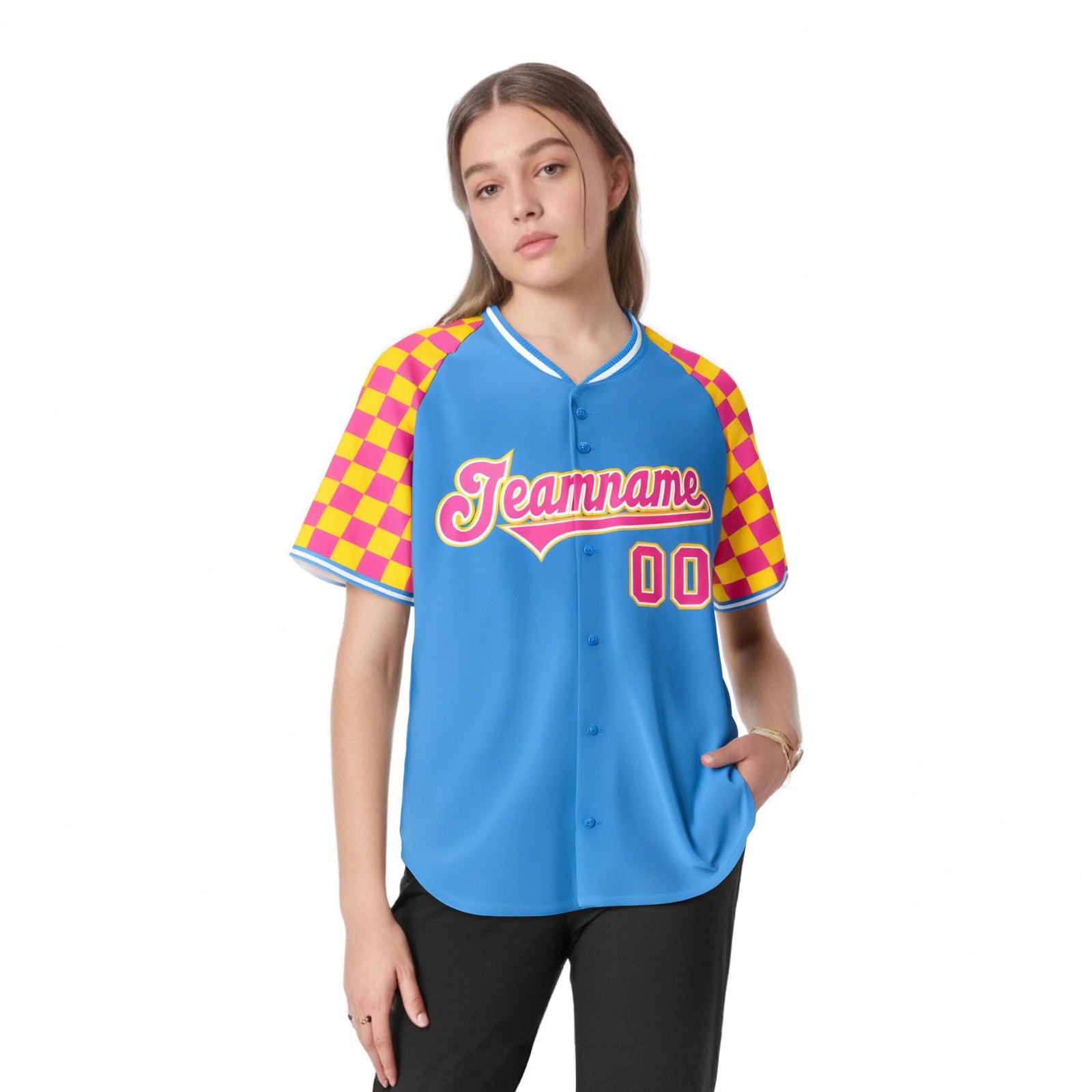 Custom Powder Blue Pink-Gold Authentic Plaid Sleeve Baseball Jersey